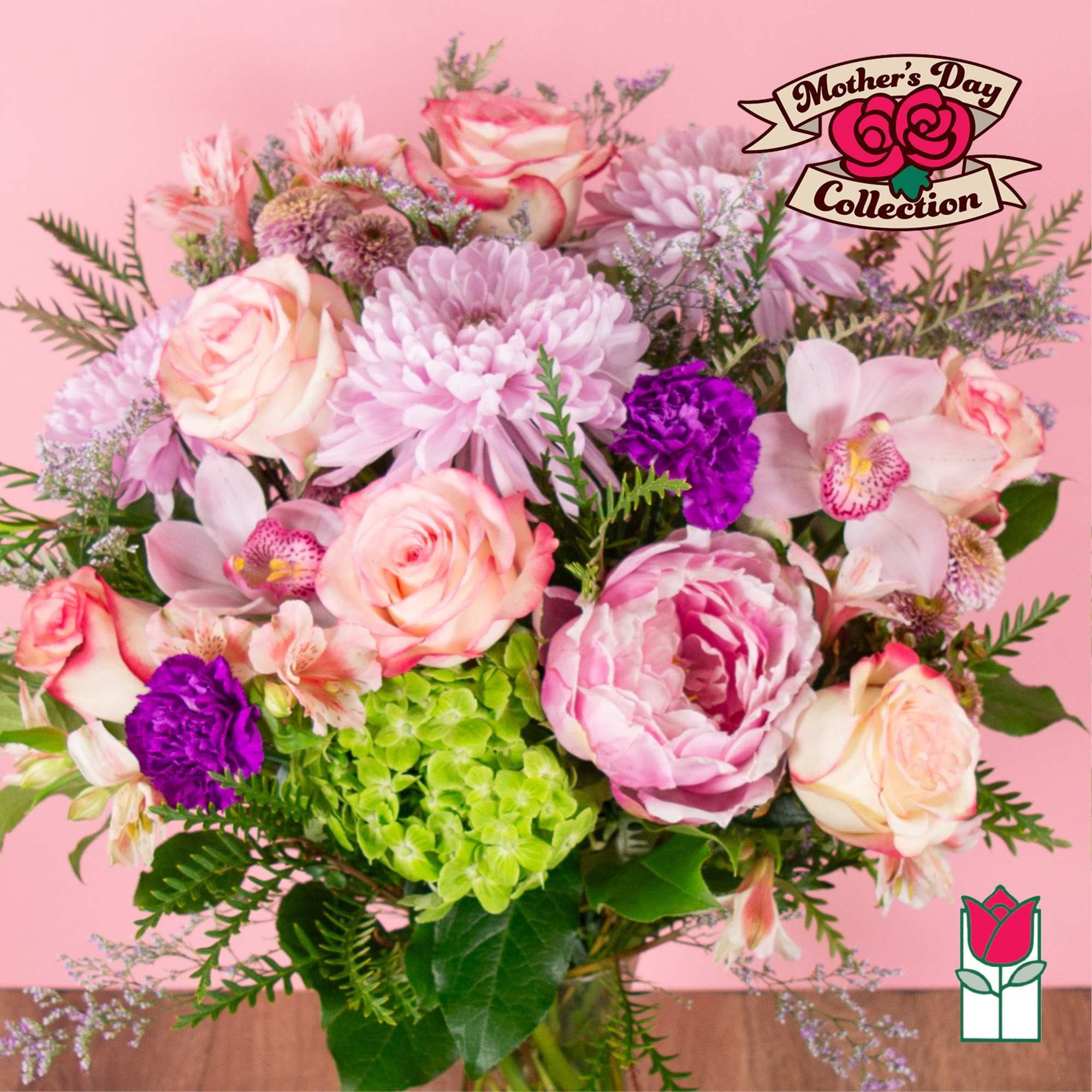 Pink and purple mixed bouquet with roses, chrysanthemums, and orchids