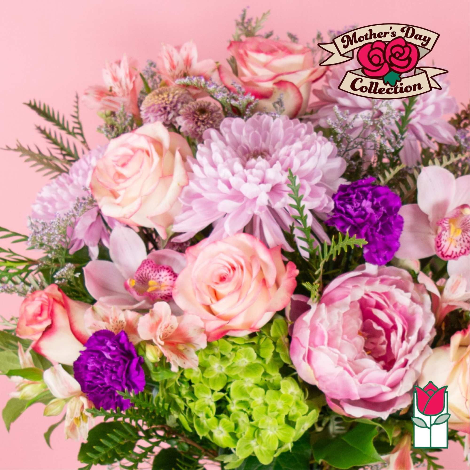 Pink and purple mixed bouquet with roses, chrysanthemums, and orchids