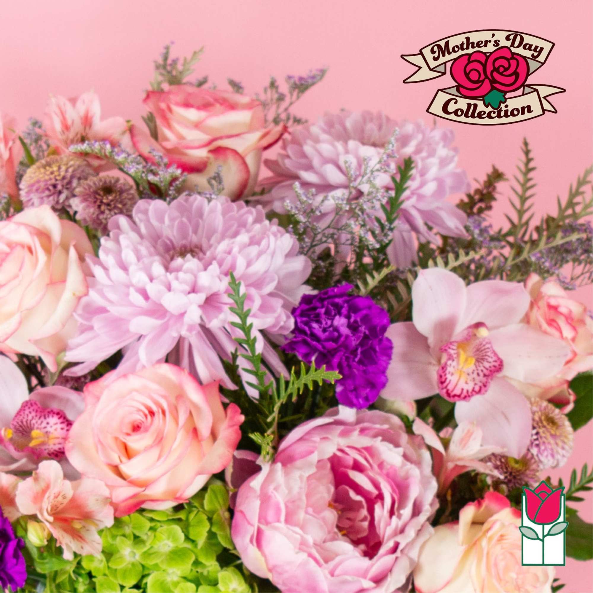 Pink and cream floral bouquet with roses, chrysanthemums, and orchids
