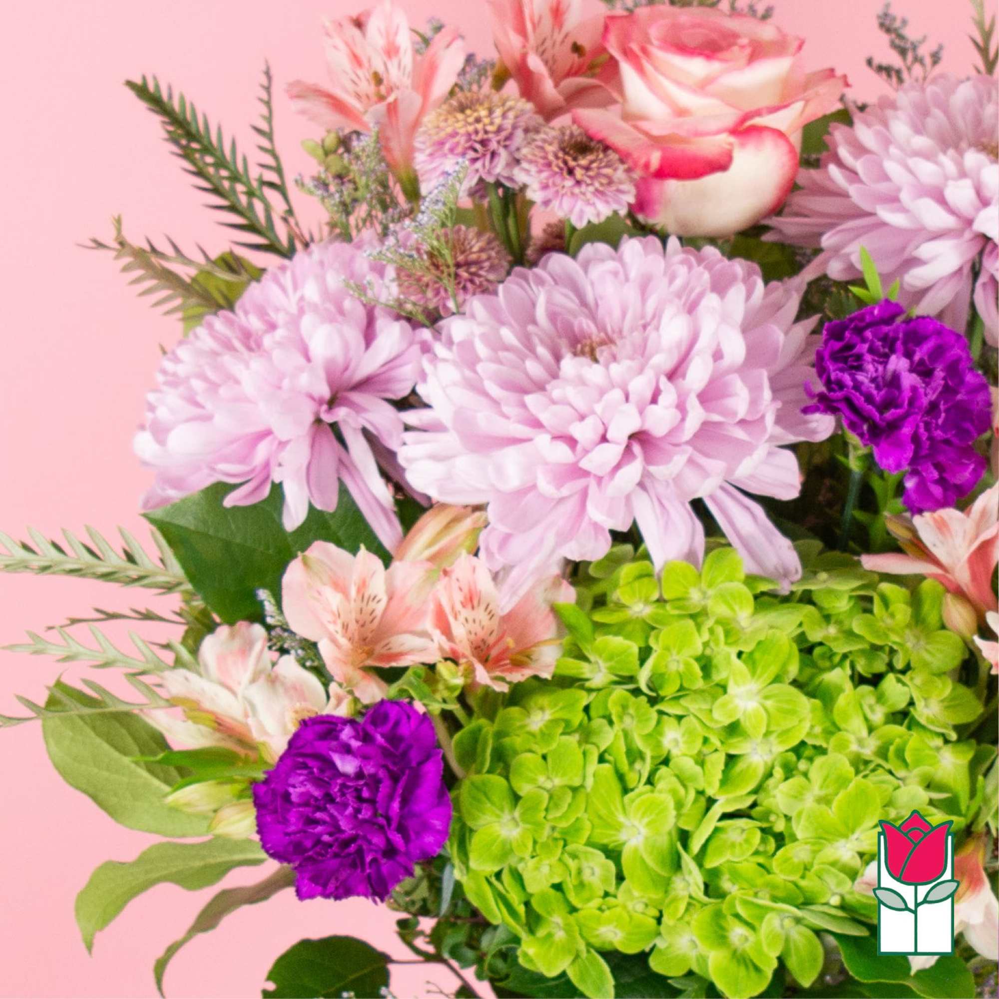 Pink and purple mixed bouquet with green hydrangea and chrysanthemums