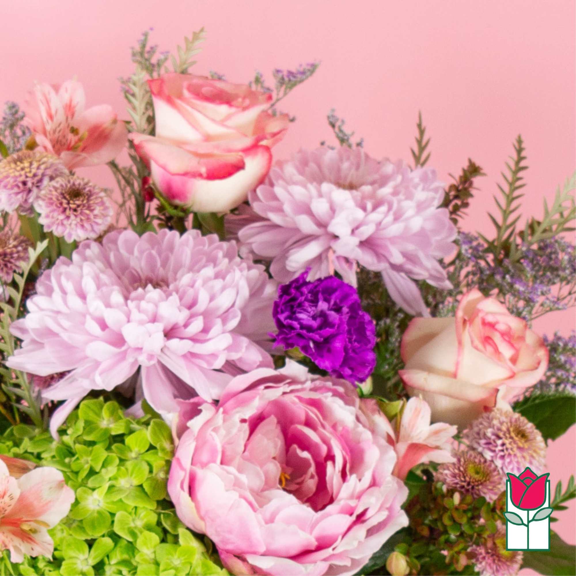 Pink and lavender bouquet with roses, peonies, and chrysanthemums