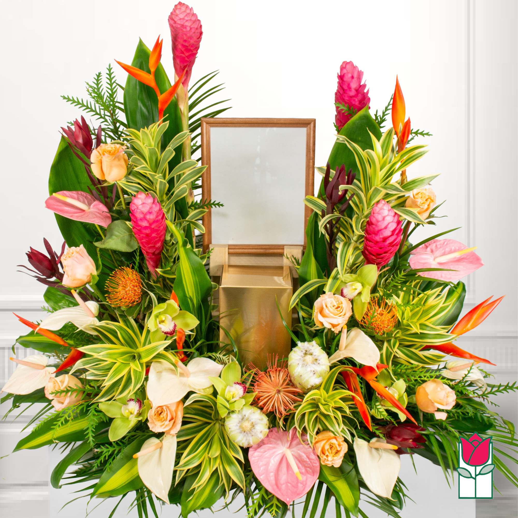 Tropical floral wreath with pink and orange blooms around a framed center