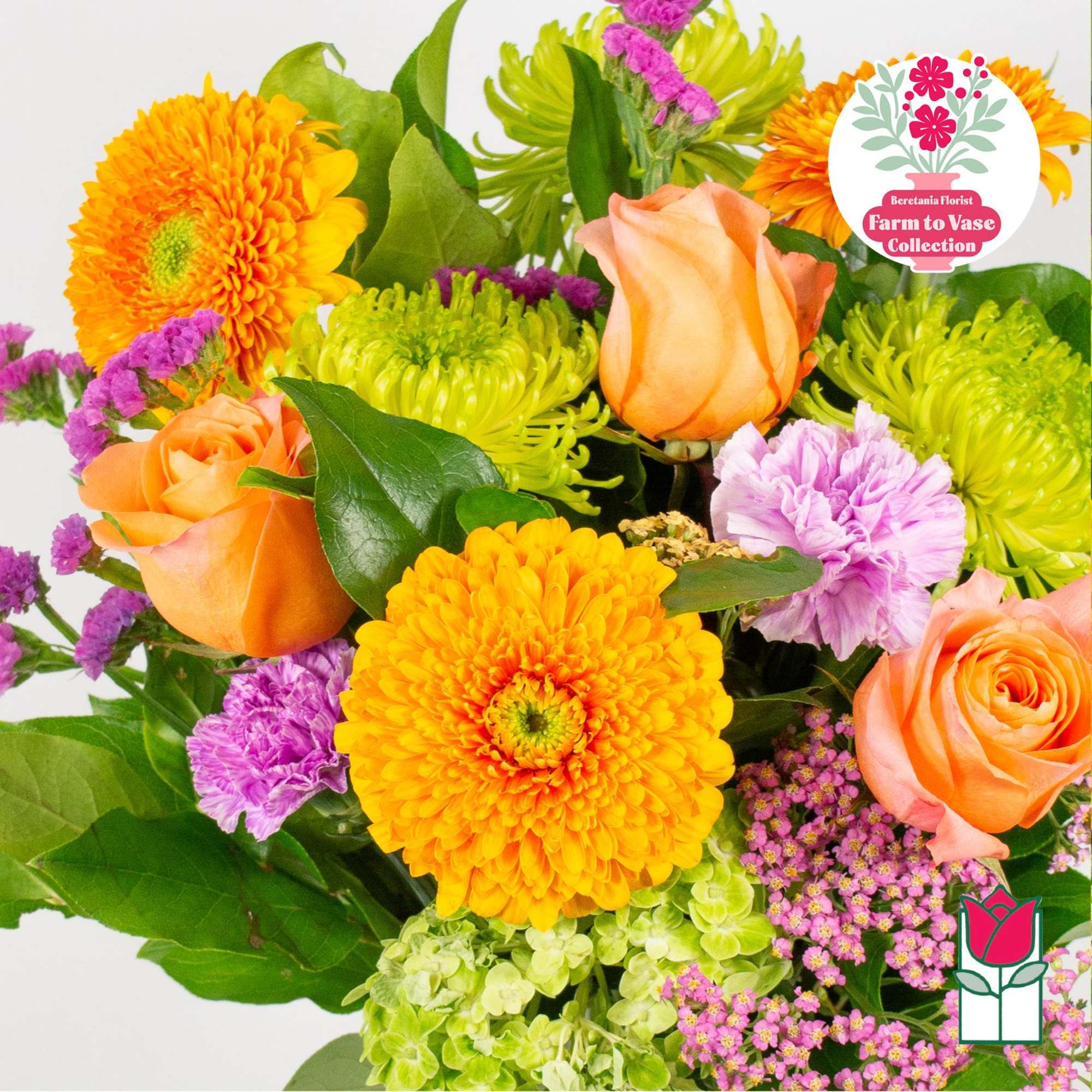 Bouquet of orange roses, yellow chrysanthemums, and purple filler flowers