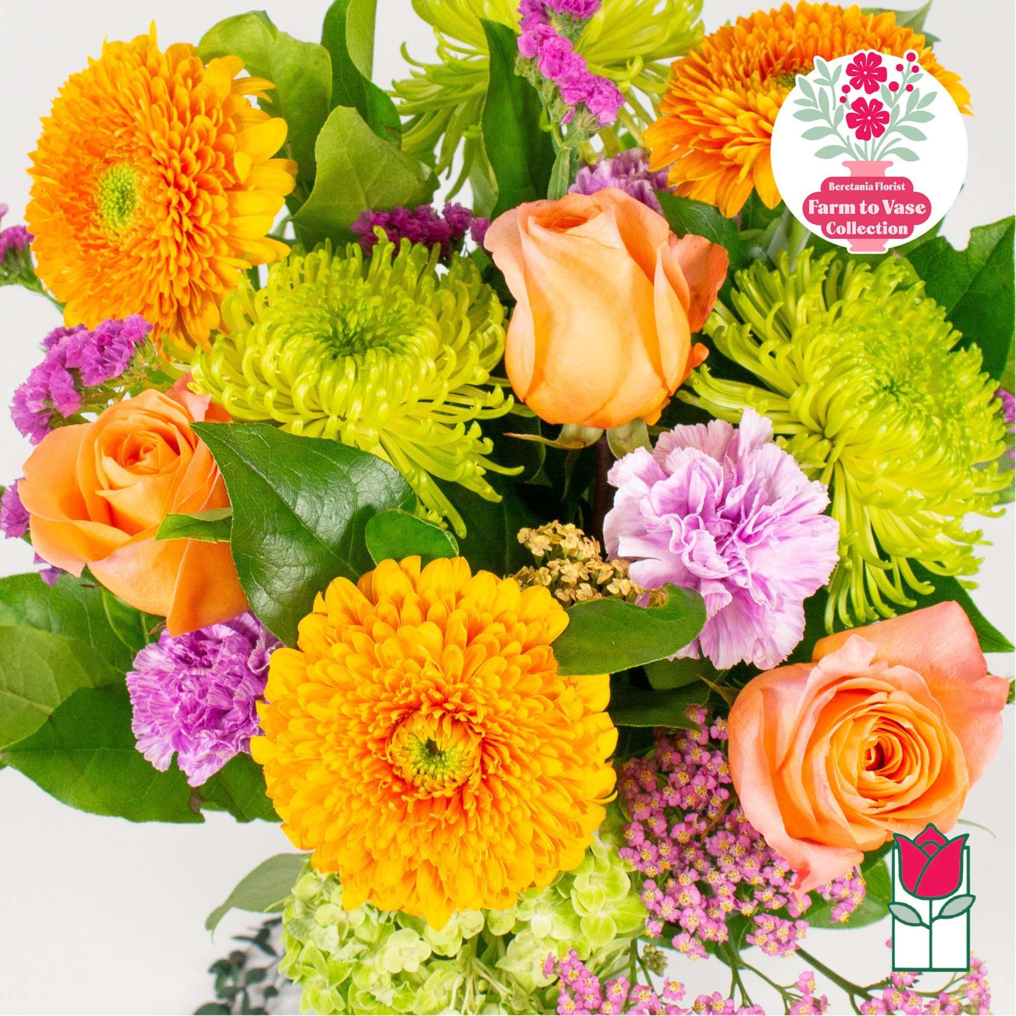 Bouquet of orange roses, yellow chrysanthemums, and purple carnations