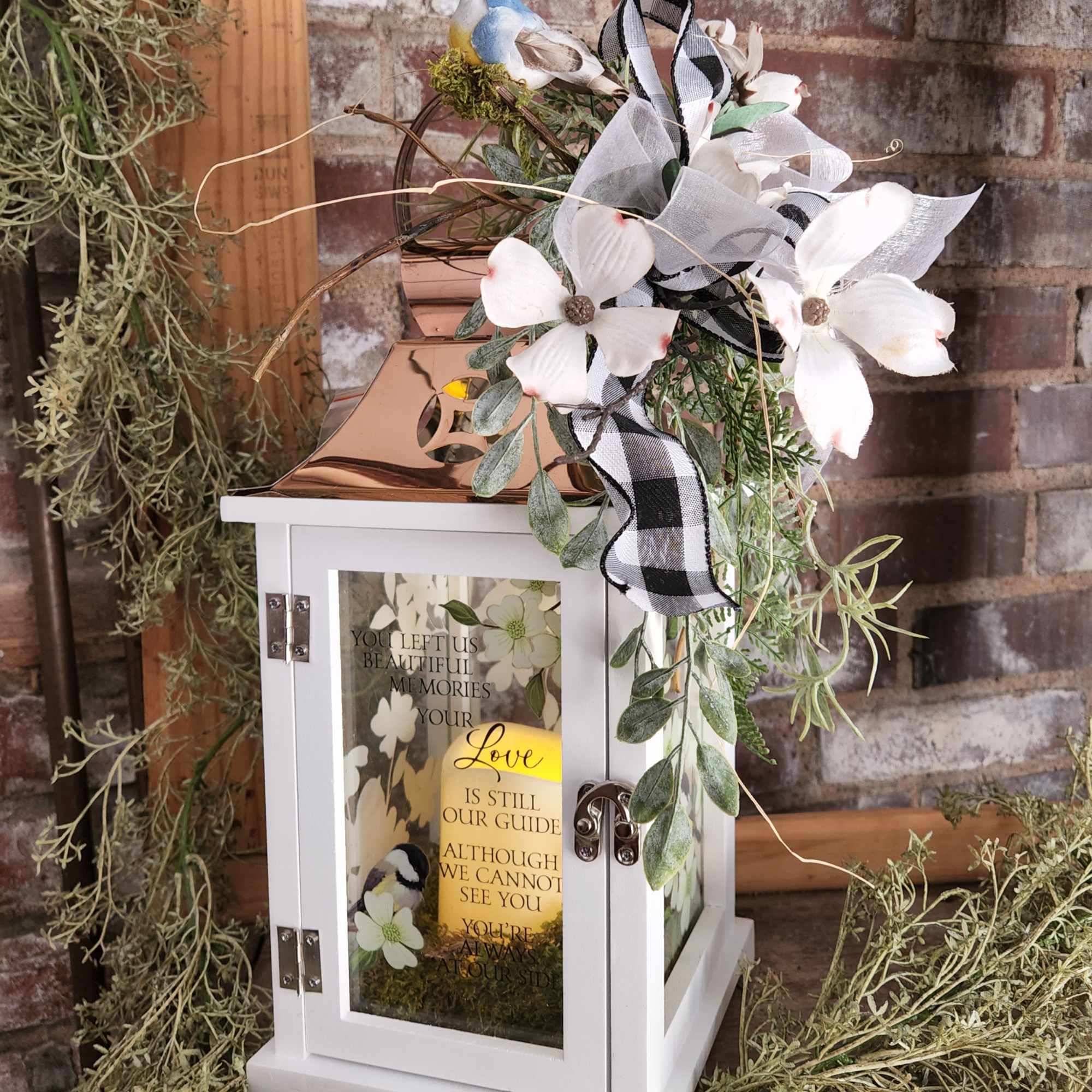 Nice keepsake white wooden lantern with Copper tin roof and sentiment on