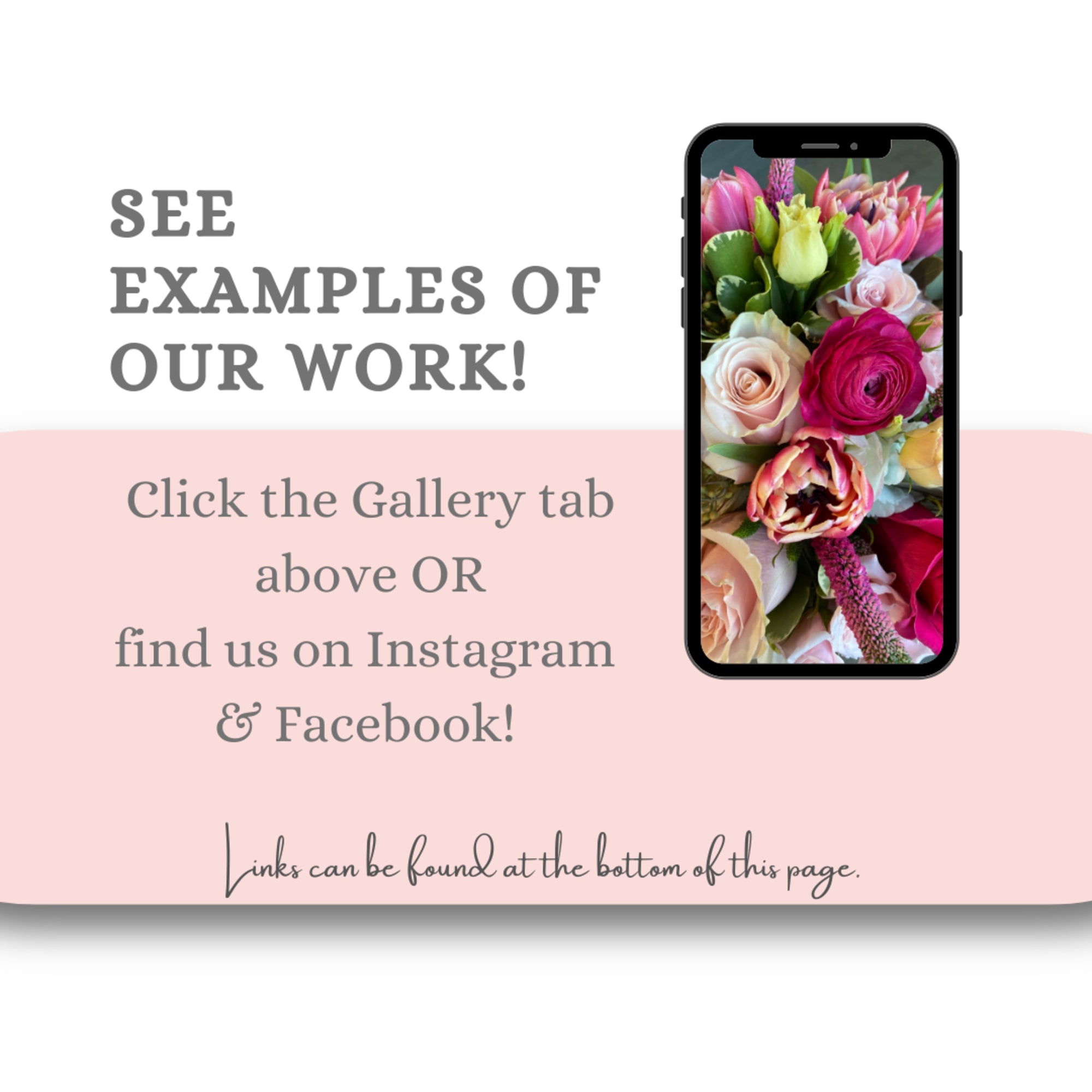 Promotional graphic with a phone showing a colorful flower bouquet