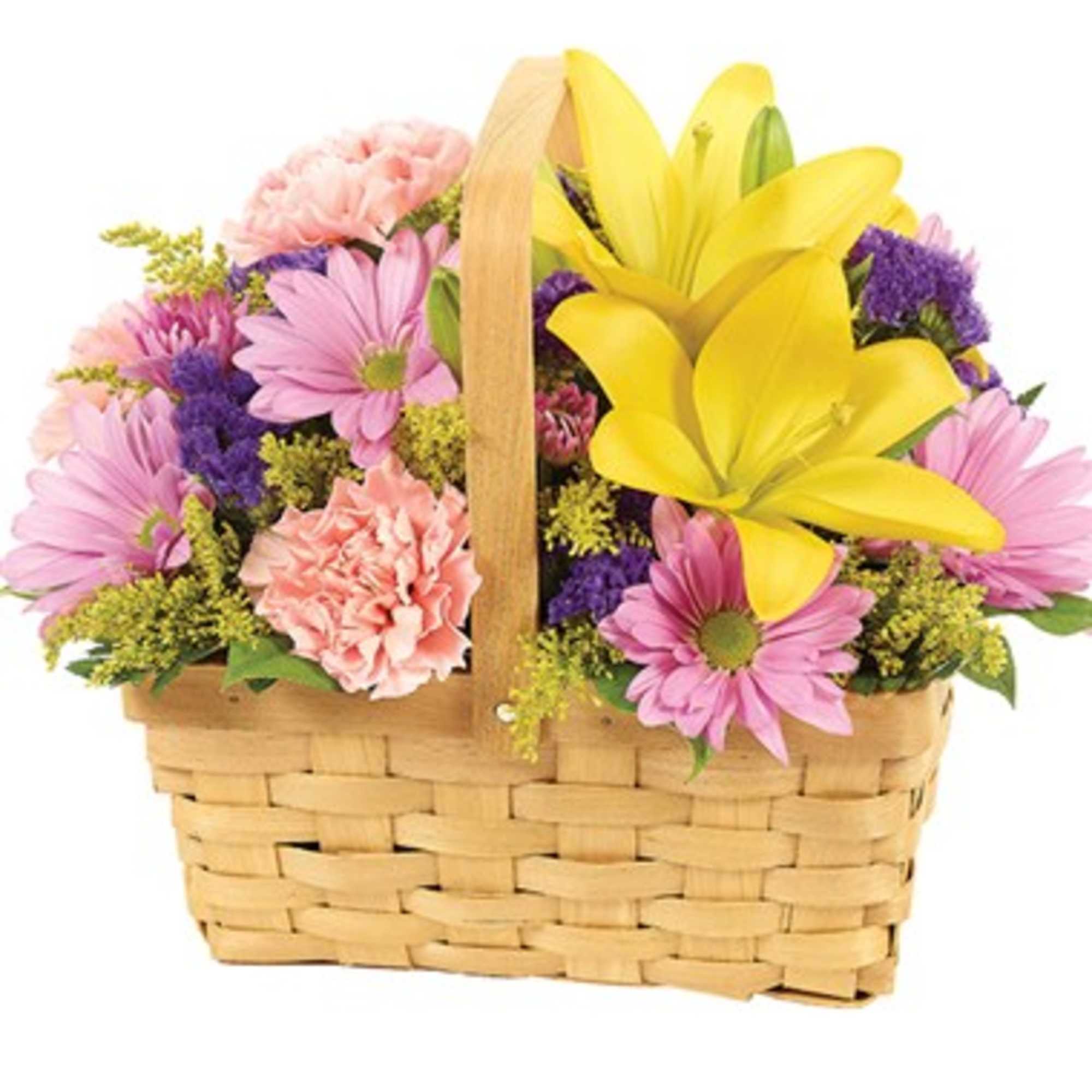 Basket of pink and yellow flowers with a woven handle