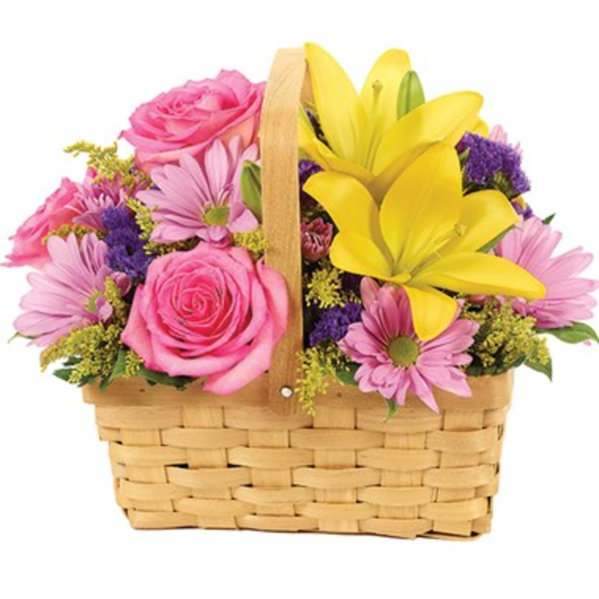 Pink roses and daisies with yellow lilies in a wicker basket