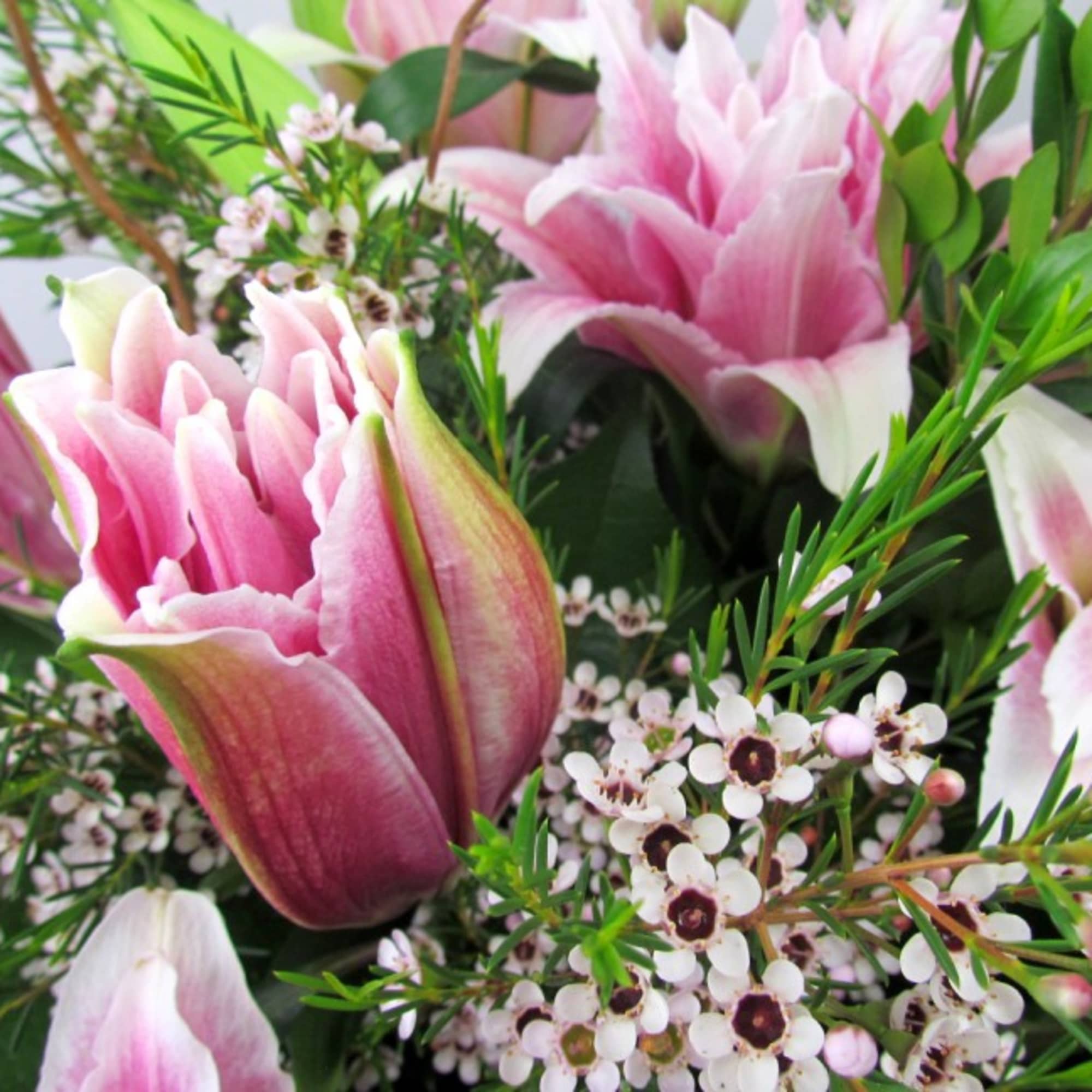 Pink lilies with small white filler flowers and greenery