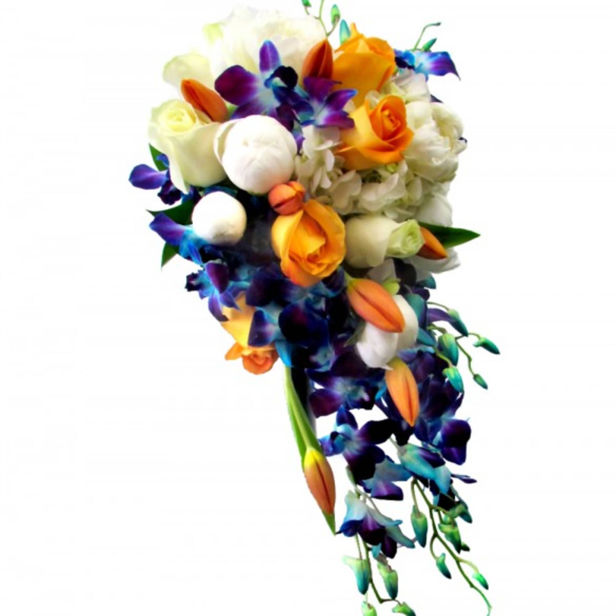 Cascade bouquet of white and orange roses with purple orchids