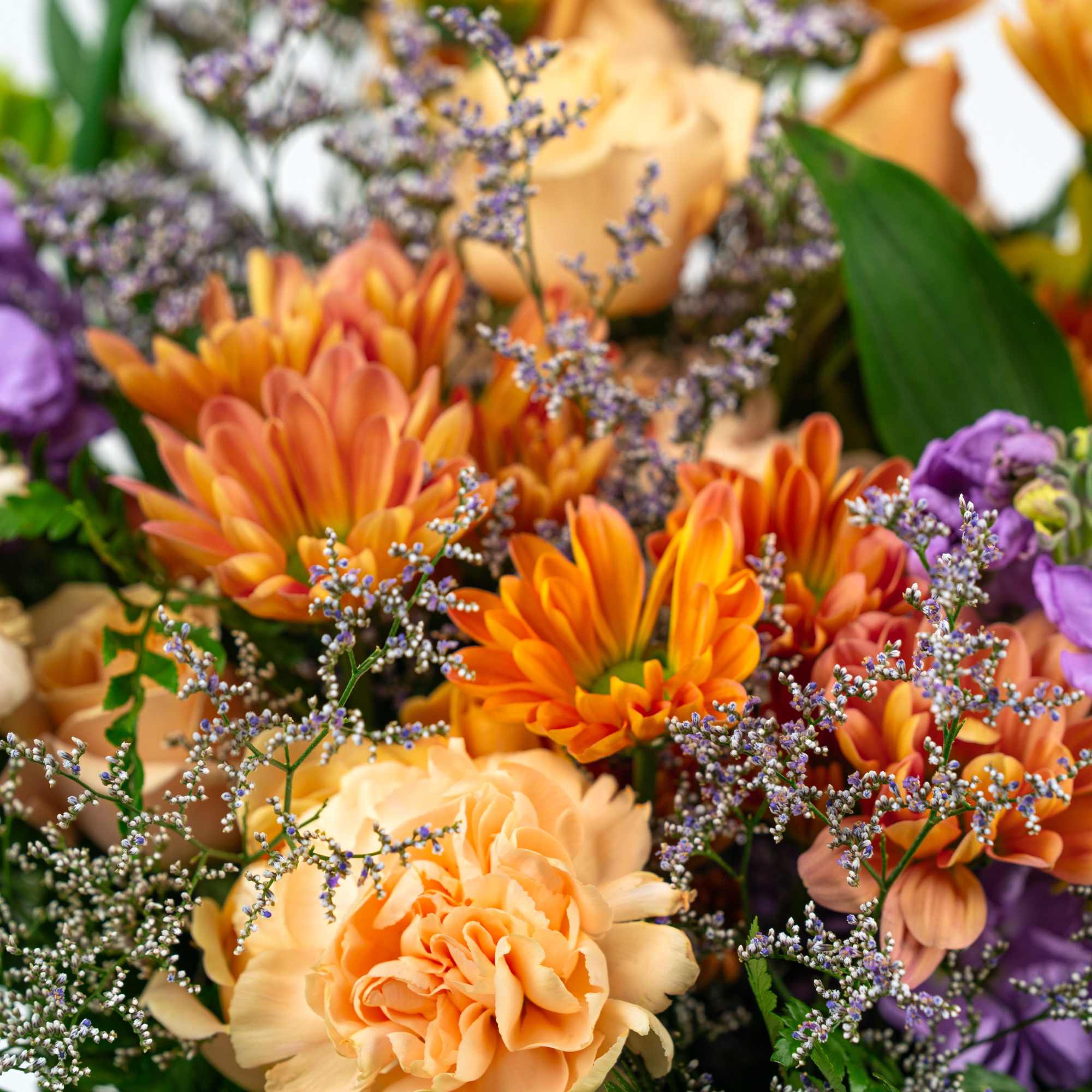 Orange and peach flowers with purple filler in a close-up bouquet