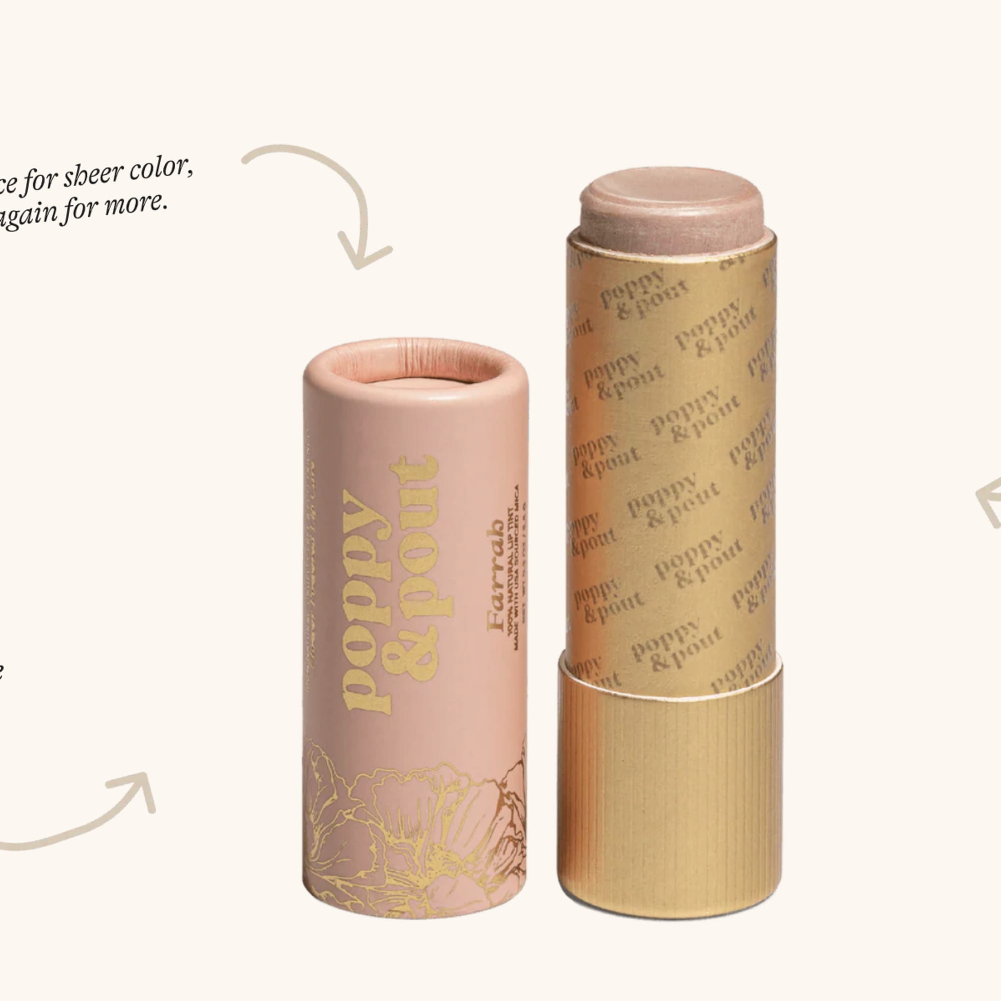 Eco-friendly cardboard lip balm tube in peach and gold packaging on a light background