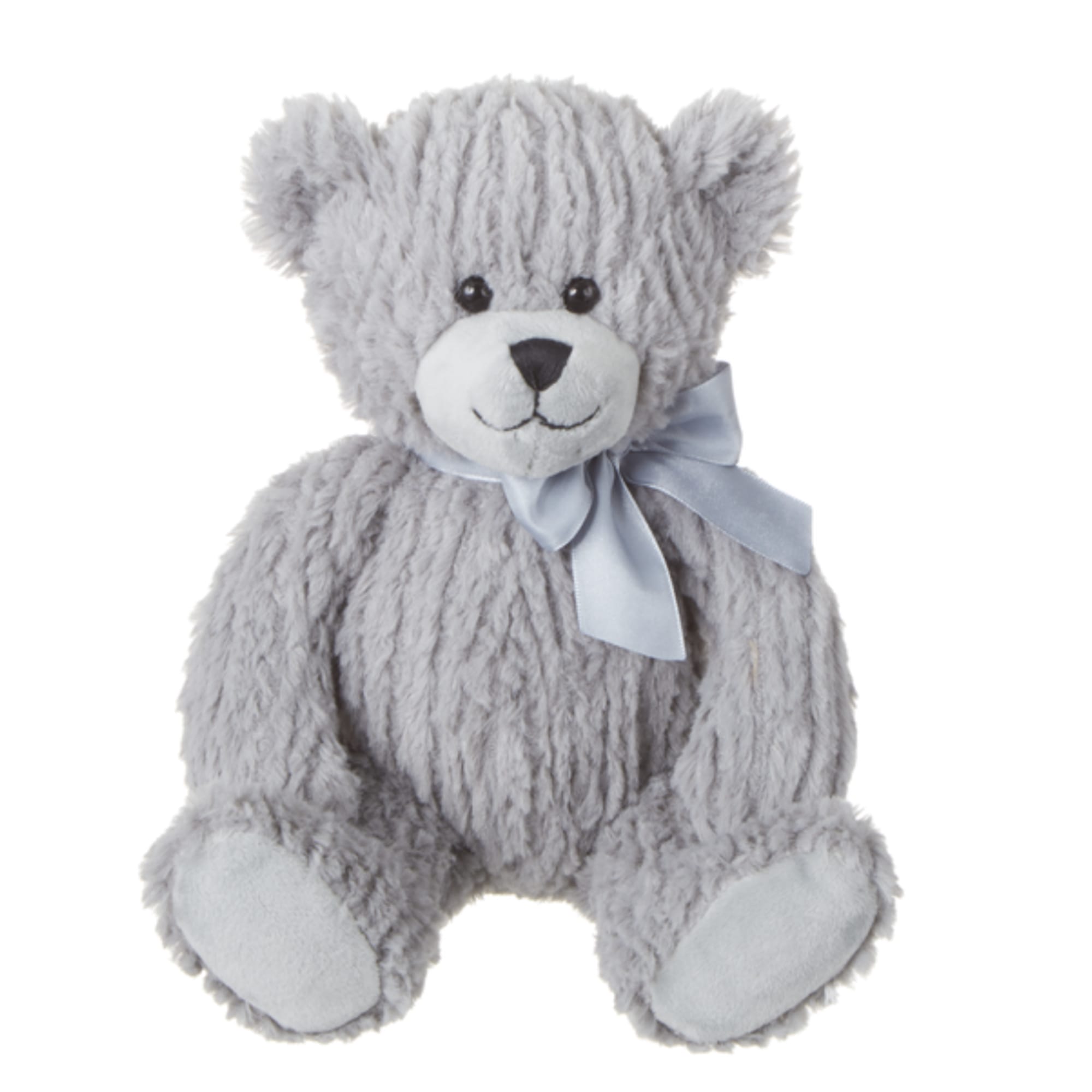 Gray teddy bear with a light blue ribbon bow