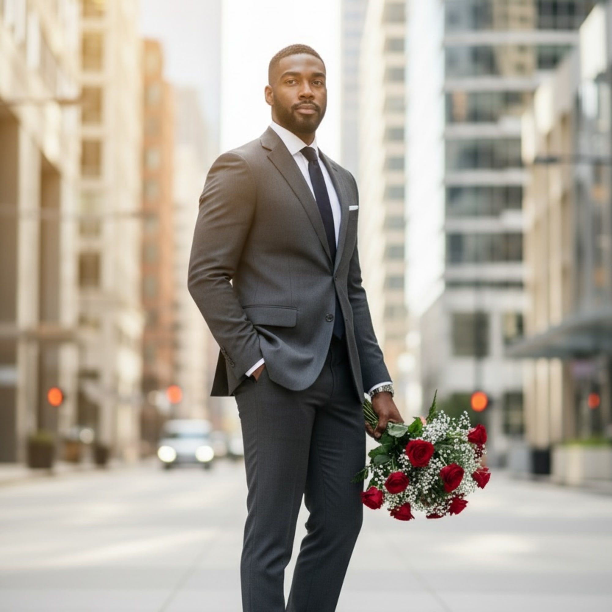Man in a gray suit standing on a city street holding a bouquet of red roses and white filler flowers
