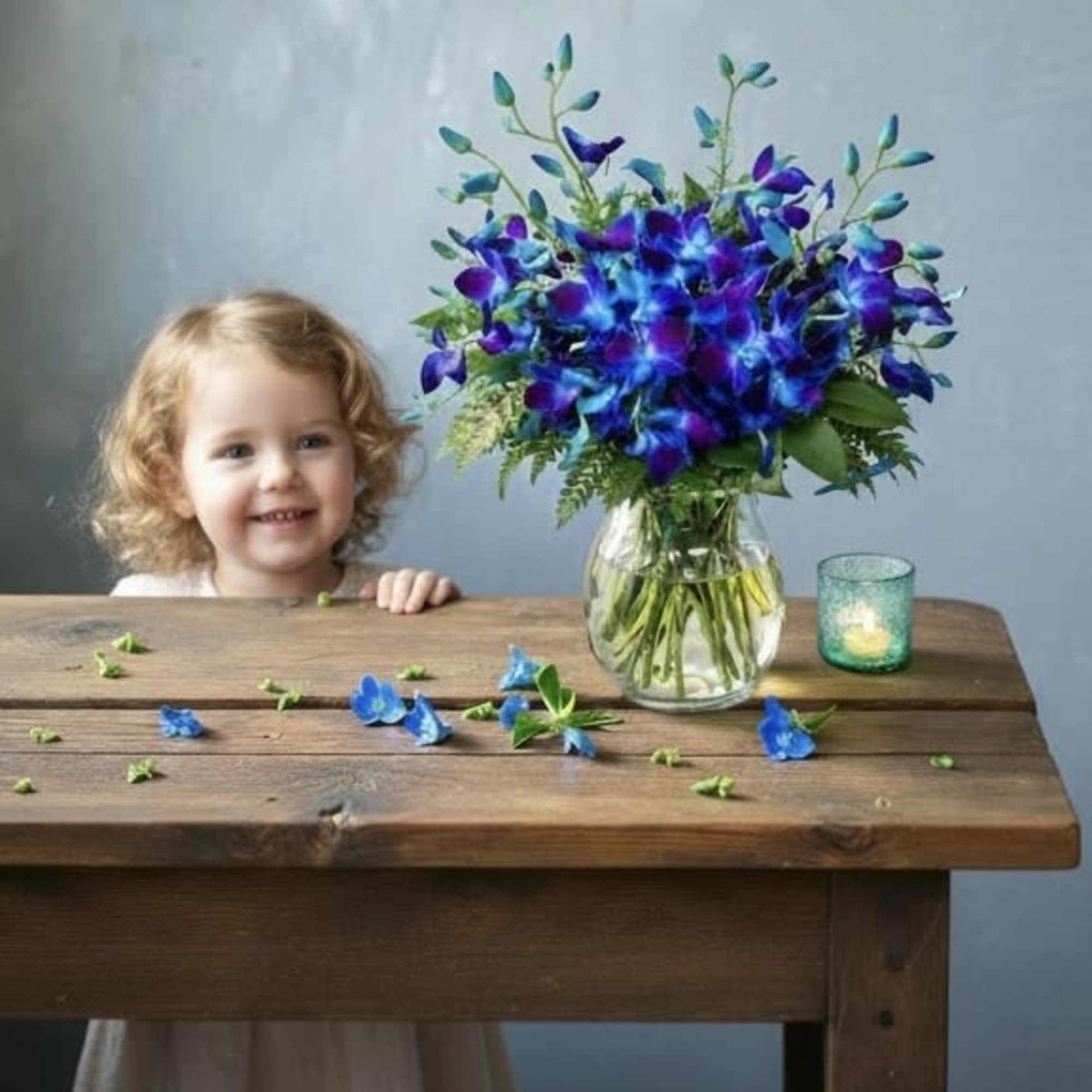 Blue and purple flower arrangement in a glass vase beside a candle