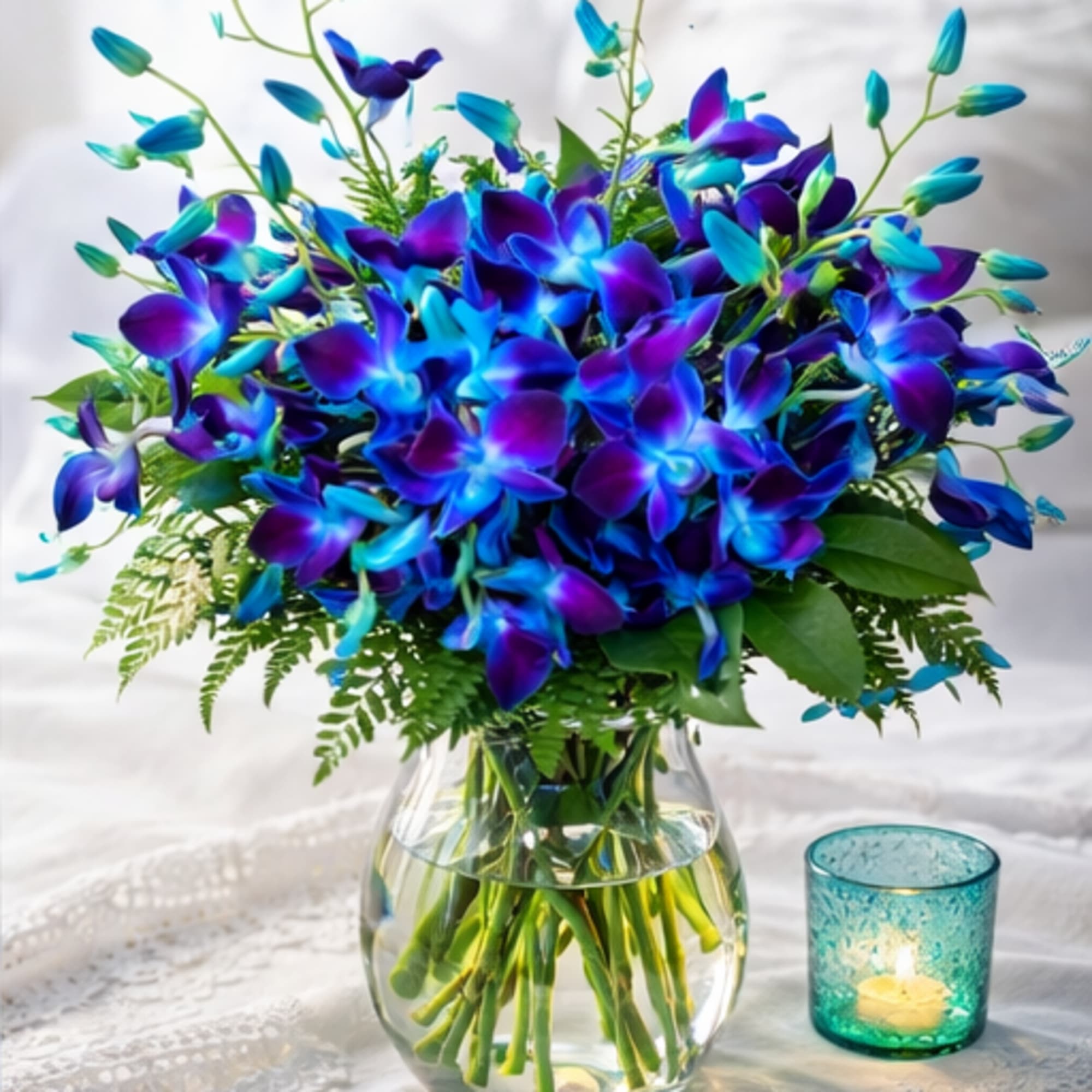 Blue and purple orchid bouquet in a glass vase beside a teal candle