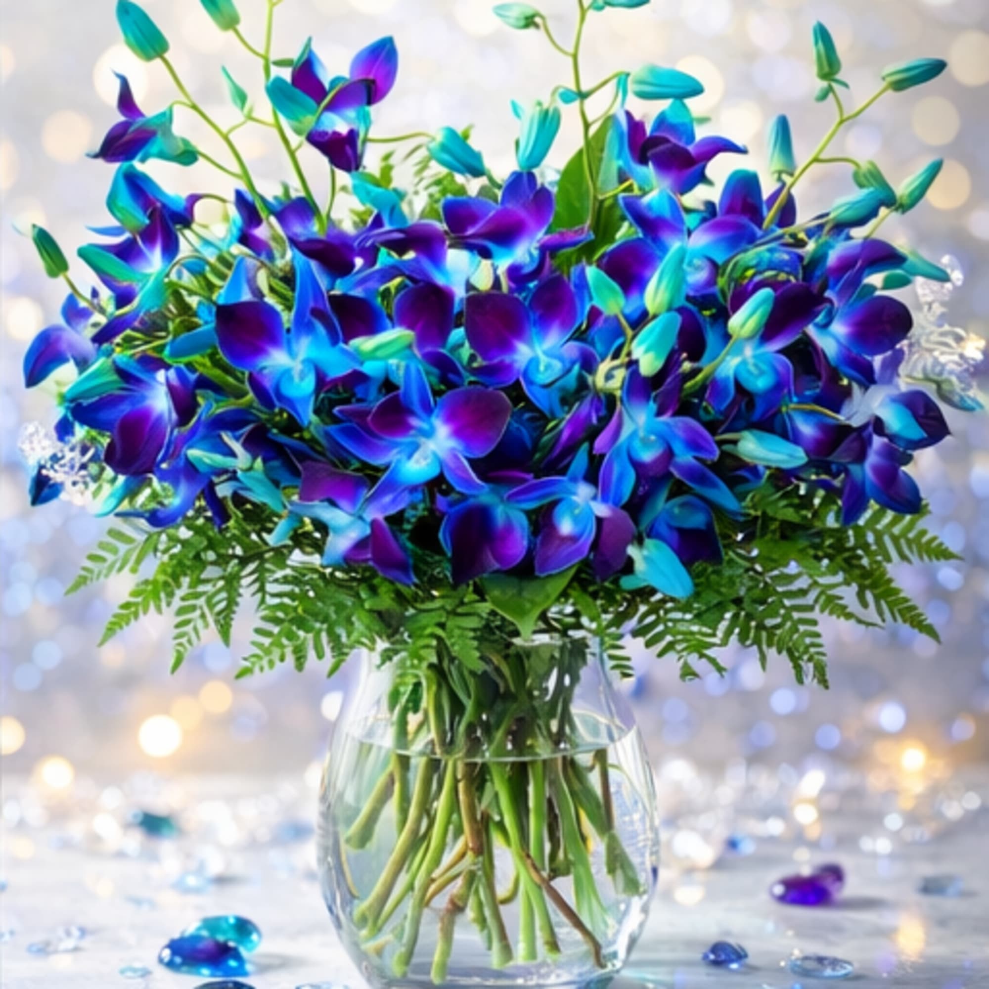 Blue and purple orchid bouquet in a clear glass vase
