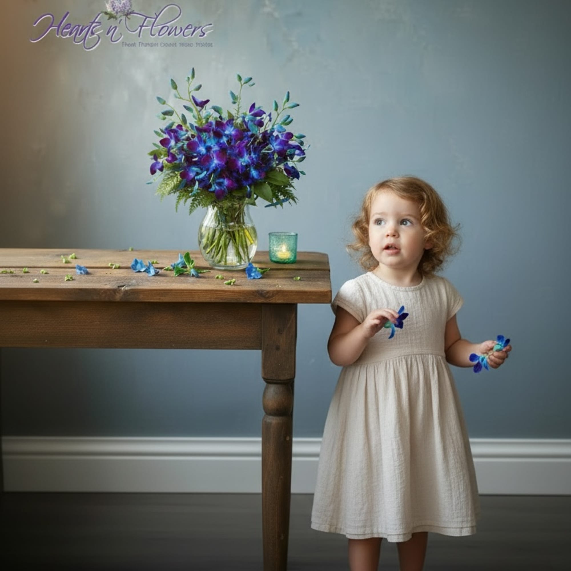 Purple and blue floral arrangement in a glass vase beside a small candle