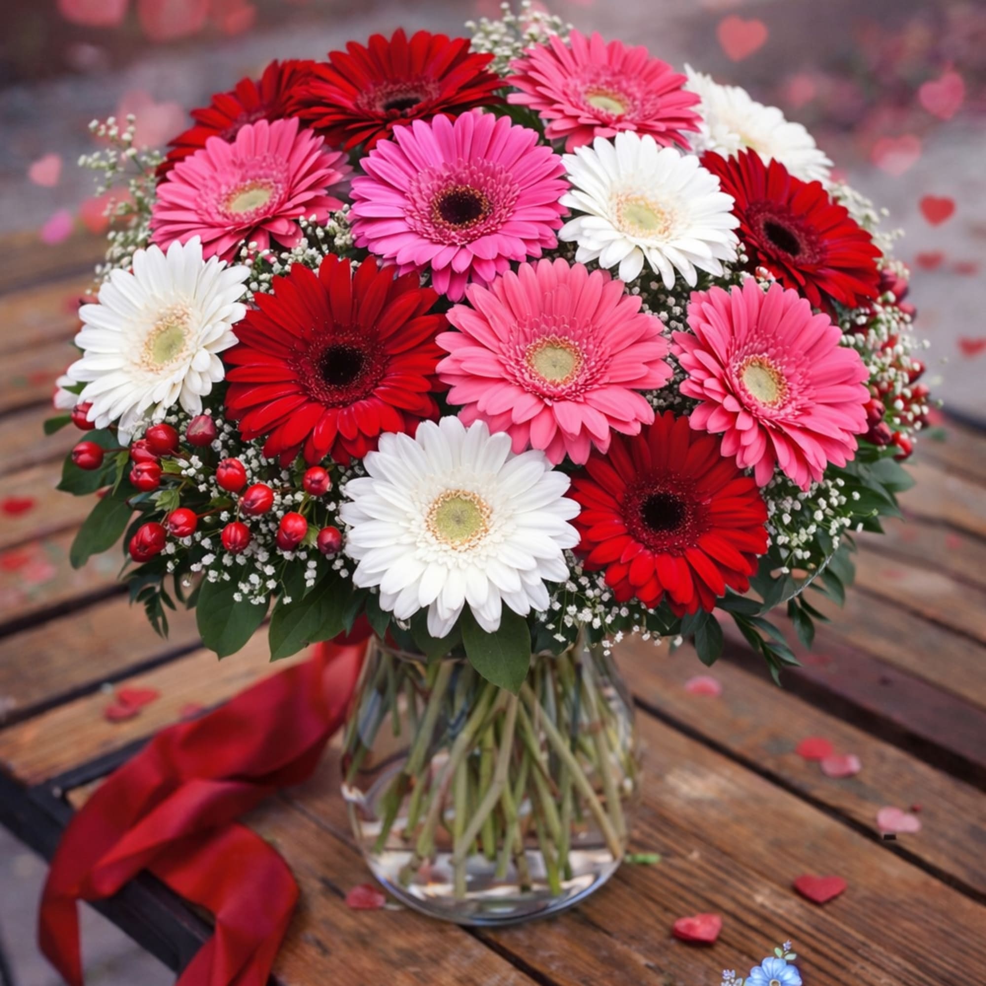 Bouquet of pink, red, and white gerbera daisies in a glass vase