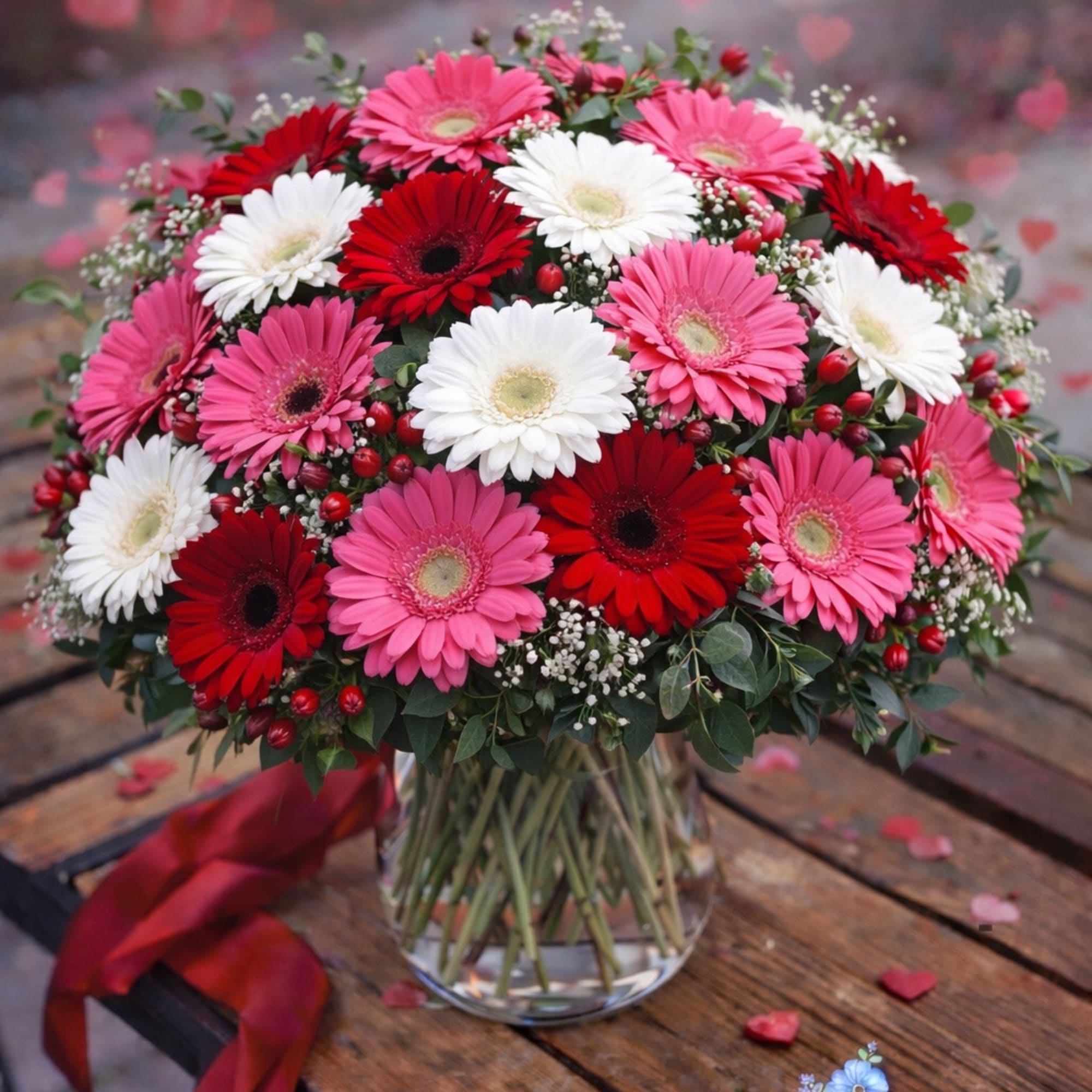 Bouquet of pink, red, and white gerbera daisies in a glass vase