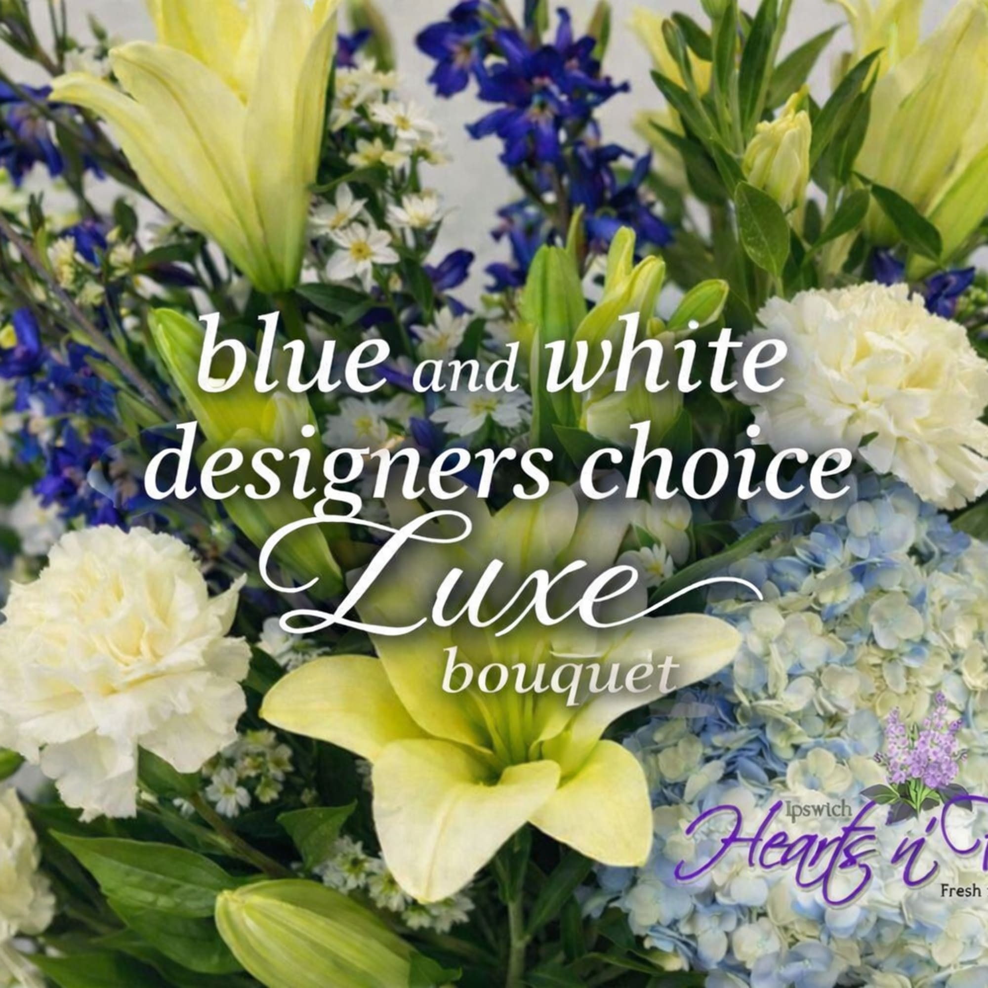 Blue and white bouquet with lilies, hydrangeas, and carnations