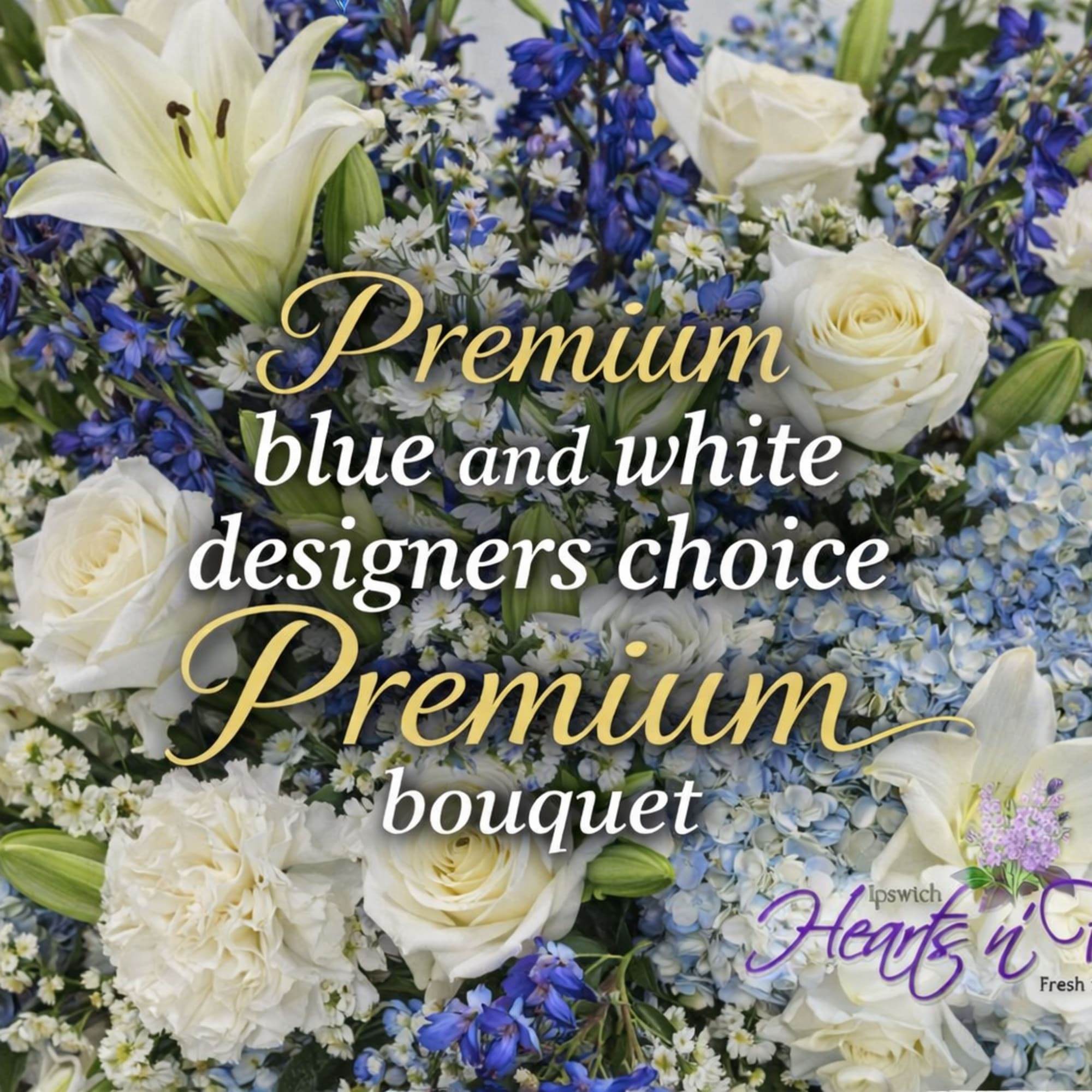 Blue and white bouquet with roses, lilies, hydrangea, and small filler flowers