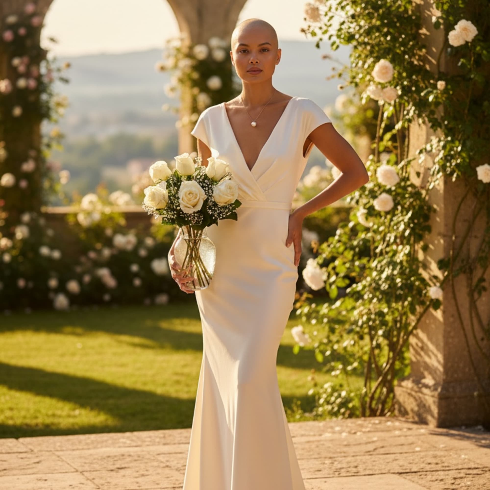 Bride in a white gown holding a bouquet of white roses in a glass vase