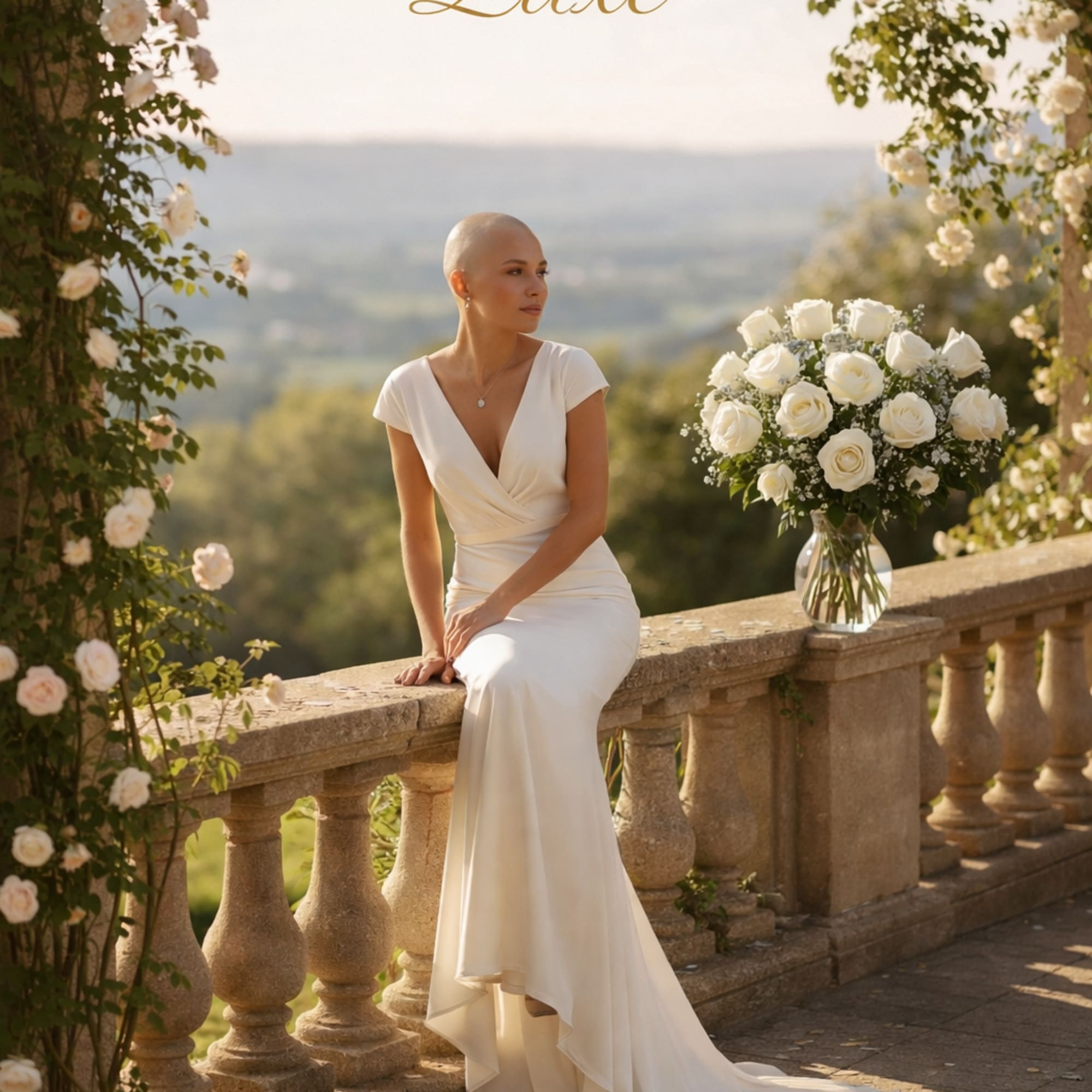 White rose bouquet in a glass vase beside a woman in a white dress