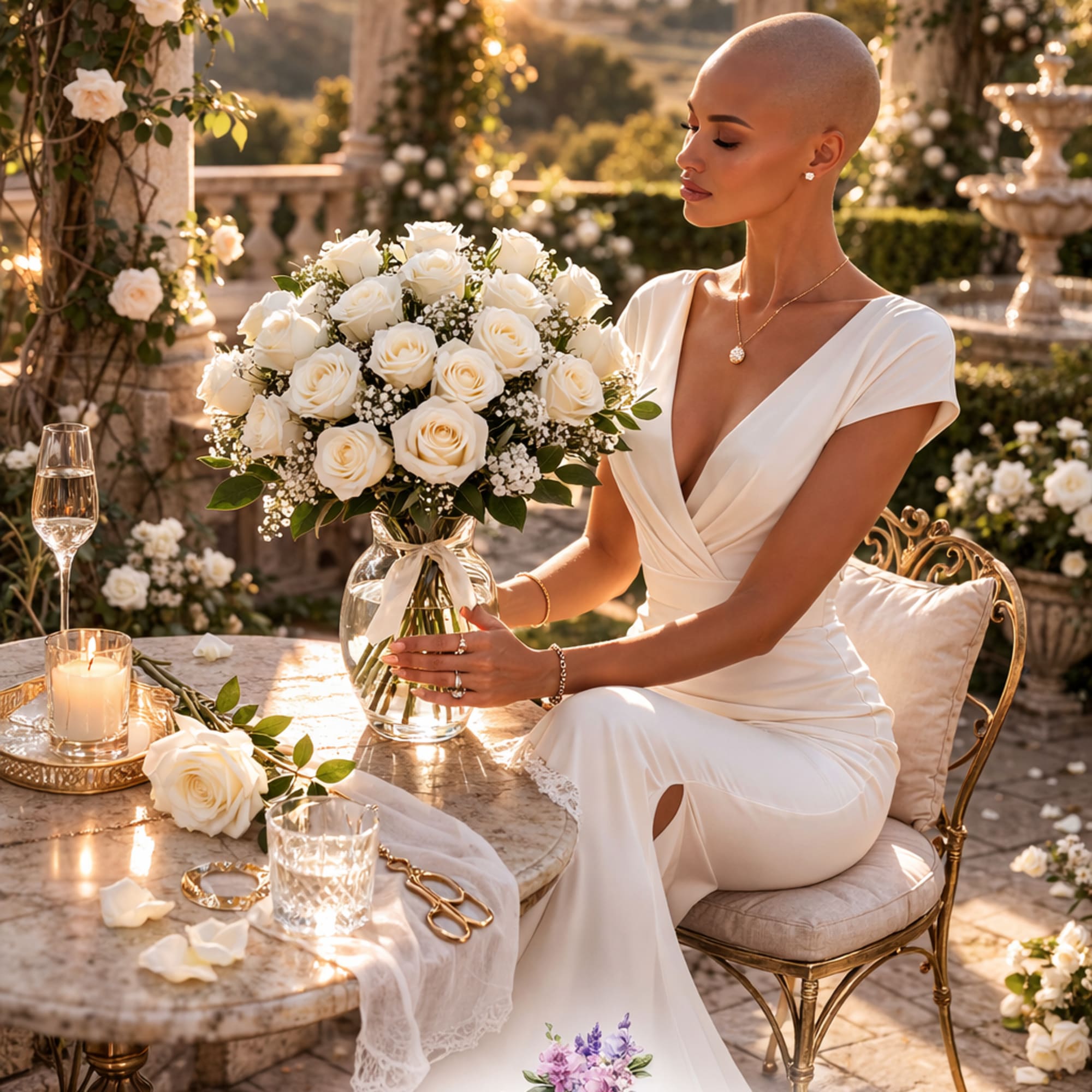 Bride in white dress holding a bouquet of white roses in a glass vase