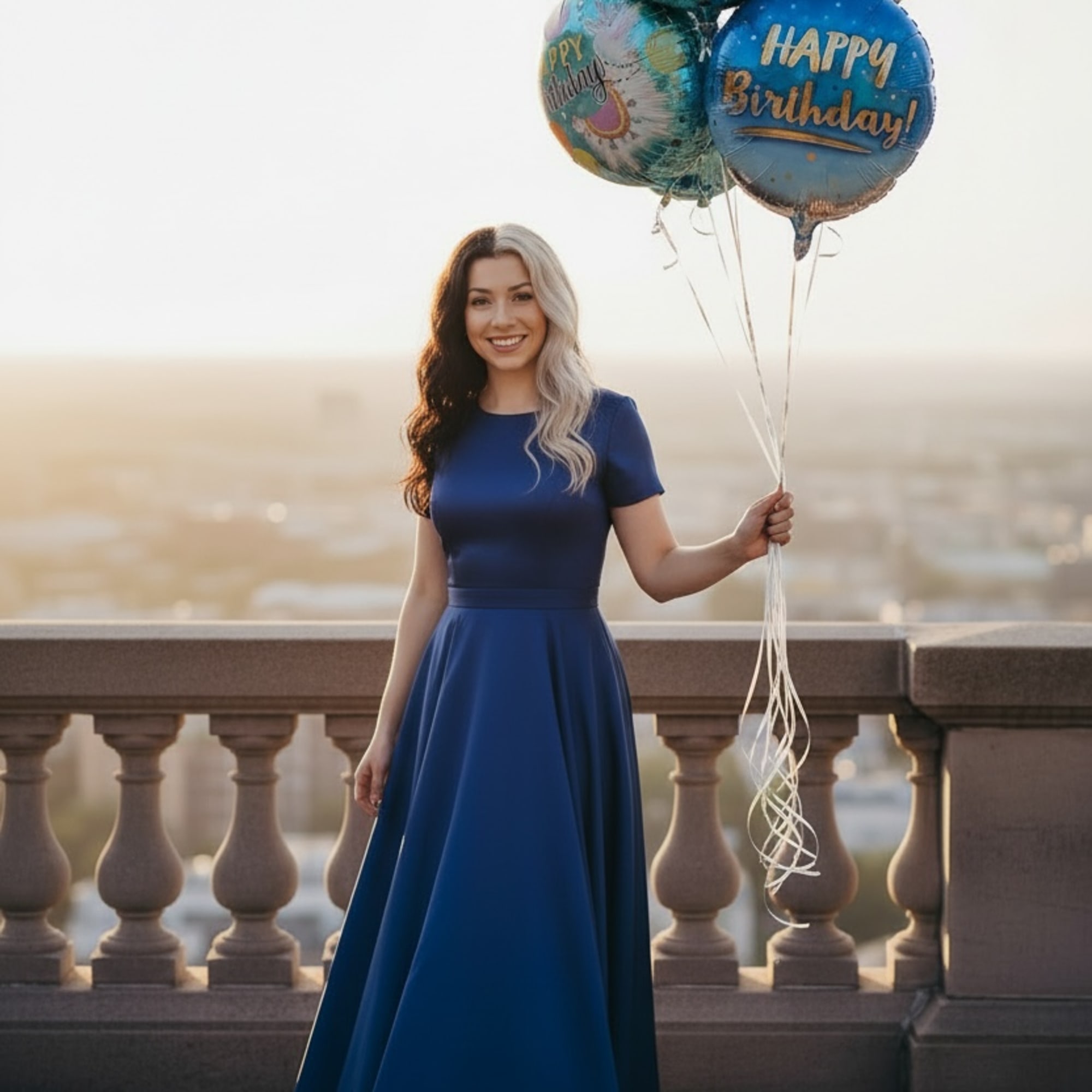 Woman in a blue dress holding birthday balloons outdoors.