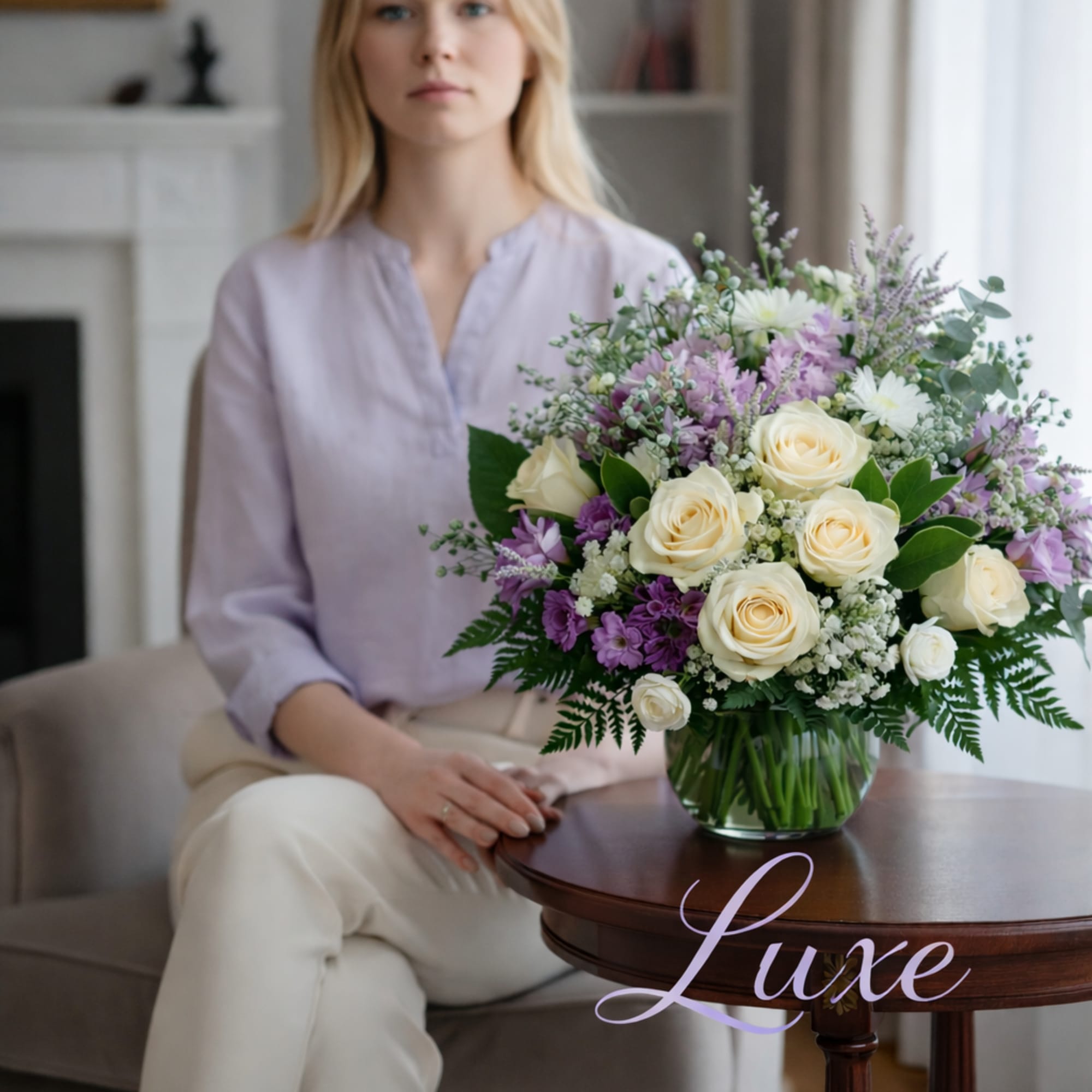Cream roses and lavender flowers arranged in a glass vase on a table
