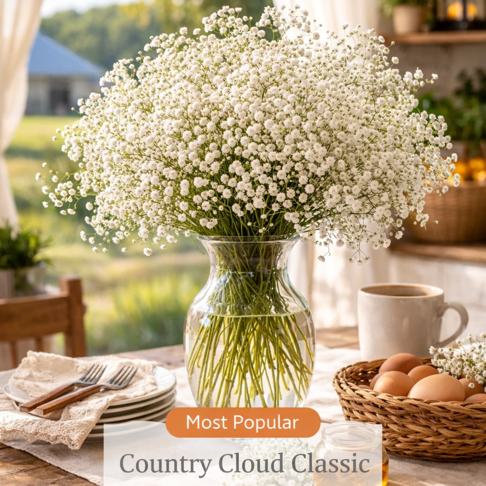 Large bunch of tiny white flowers arranged in a clear glass vase on a rustic wooden table