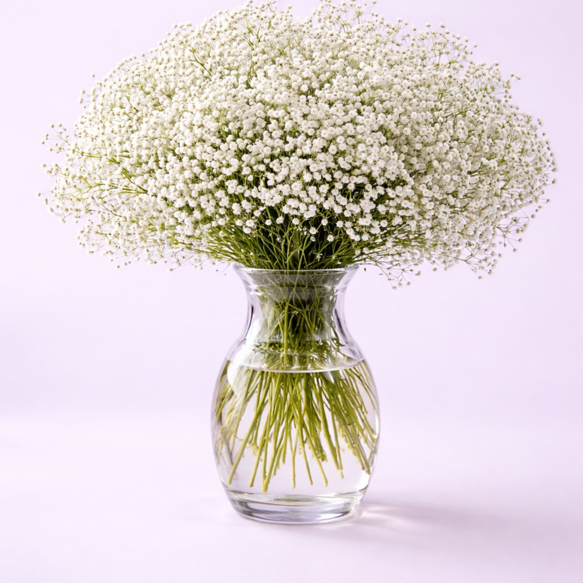 Cloud-like bunch of white baby's breath arranged in a clear glass vase with water