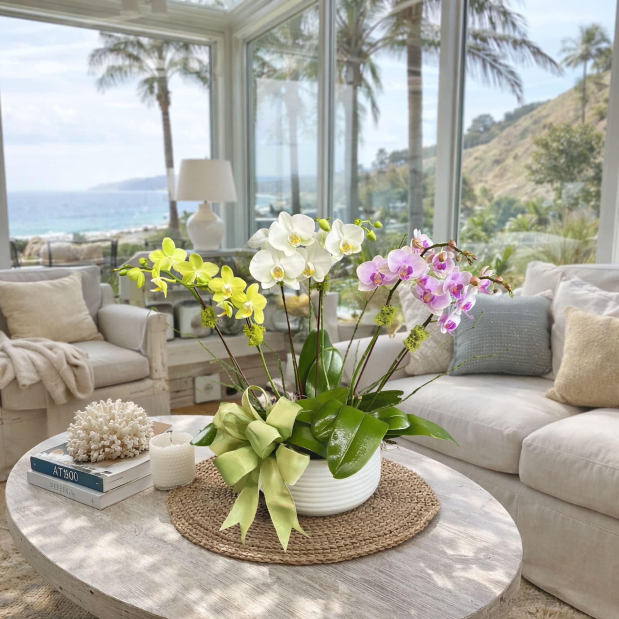 Orchid arrangement in a white pot with a green ribbon on a coffee table