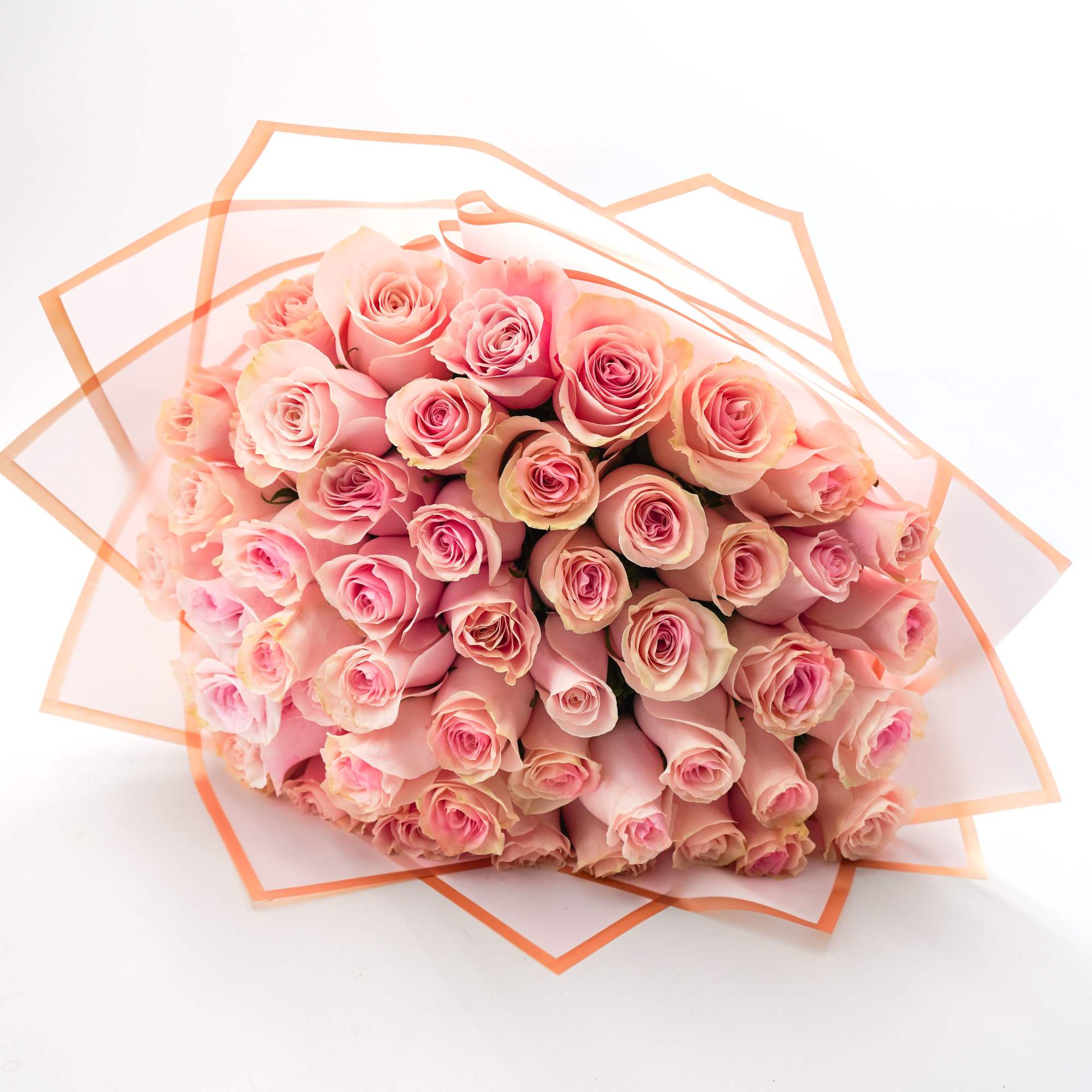 Pale pink roses gathered into a tight, rounded bouquet make a quietly
