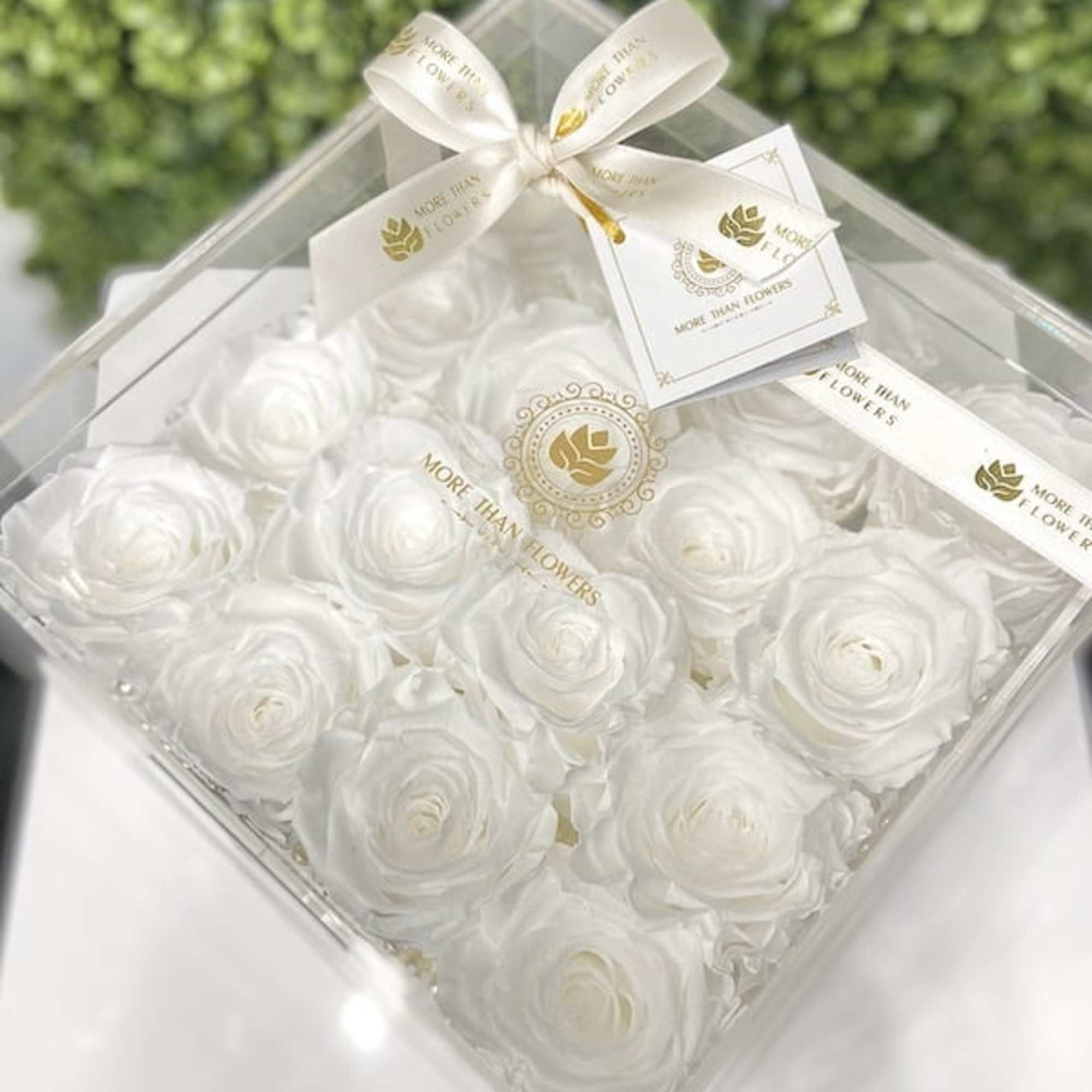Square clear box filled with white roses and tied with a white ribbon and tag.