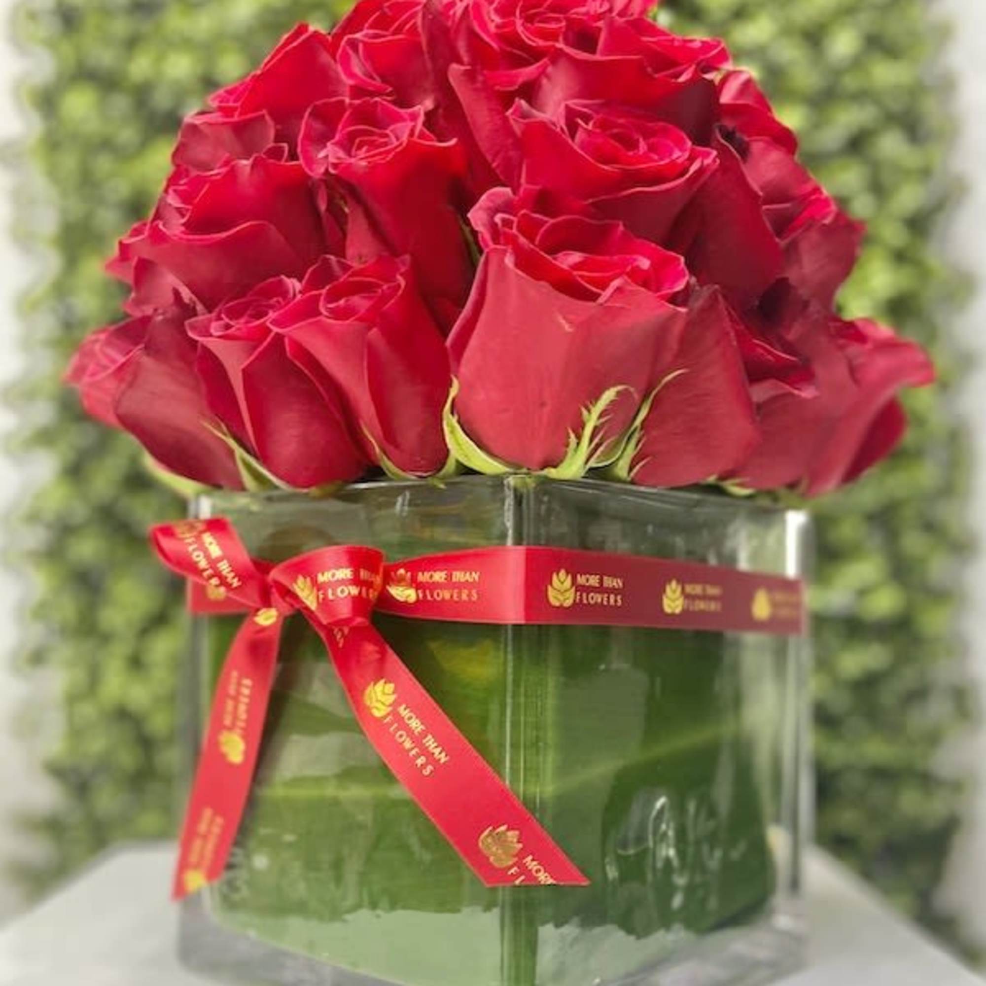Compact arrangement of red roses in a square glass vase wrapped with green inside and a red ribbon bow