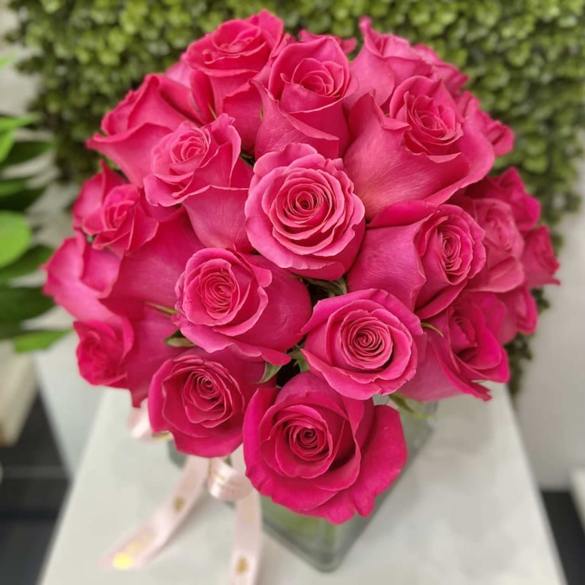 Tightly clustered hot pink roses in a clear square glass vase with a light pink ribbon.