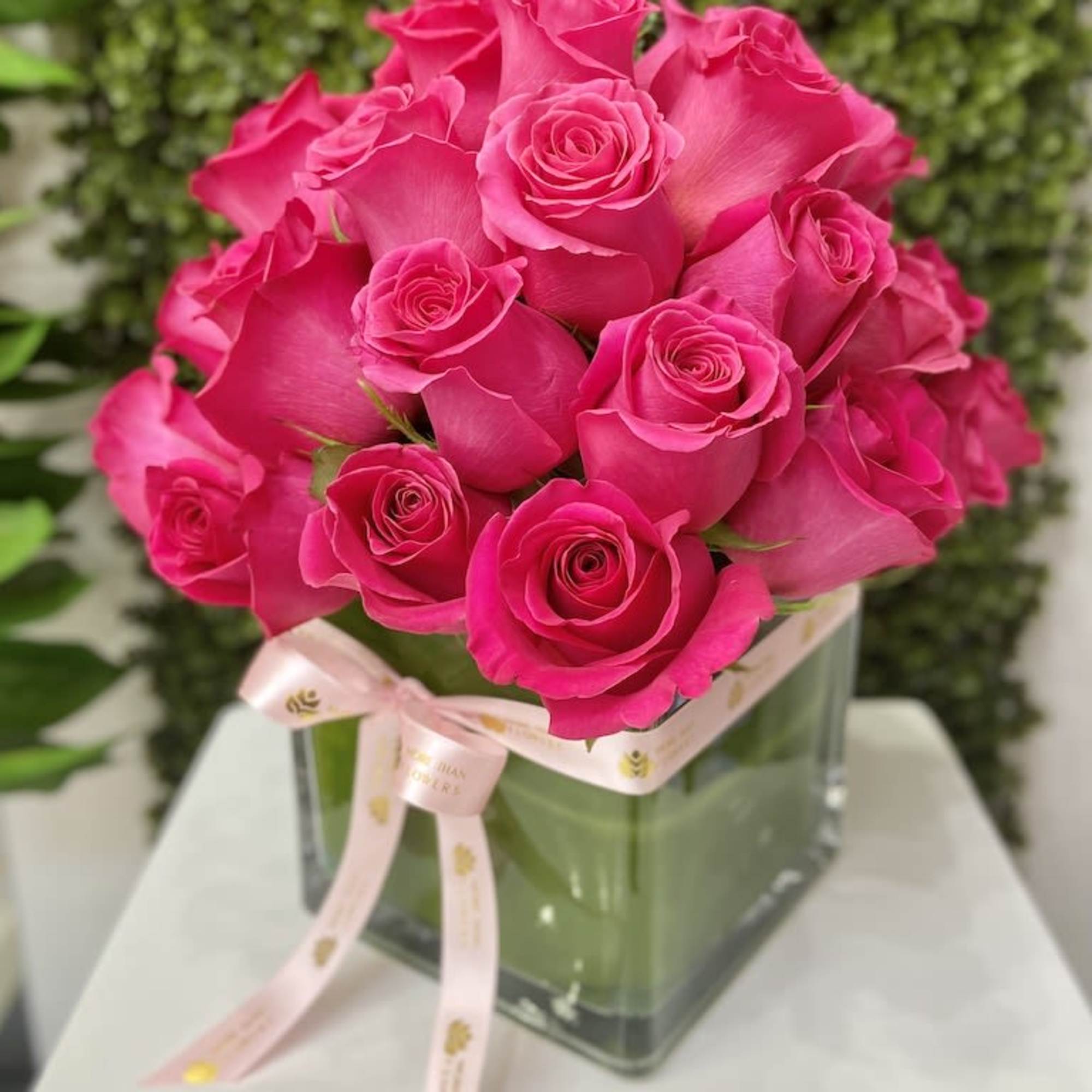 Compact arrangement of bright pink roses in a clear cube vase with a pale pink ribbon bow