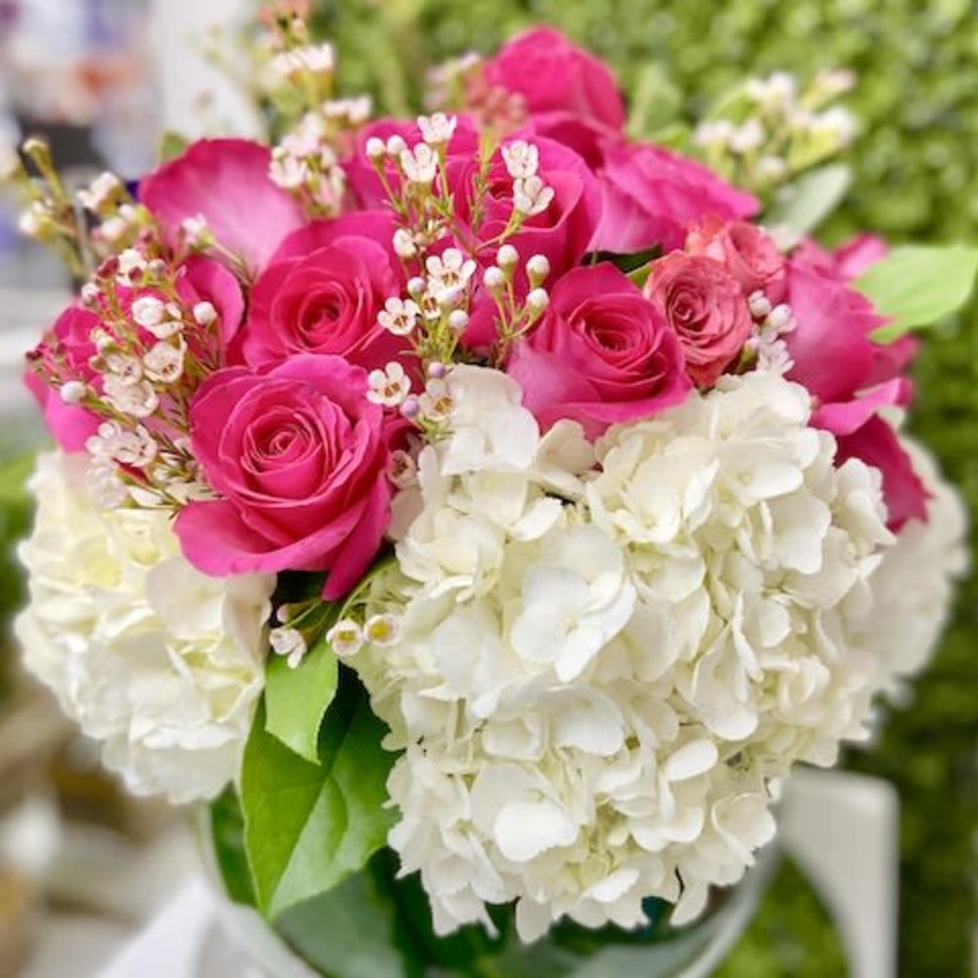 Compact arrangement of hot pink roses and white hydrangeas in a clear glass vase