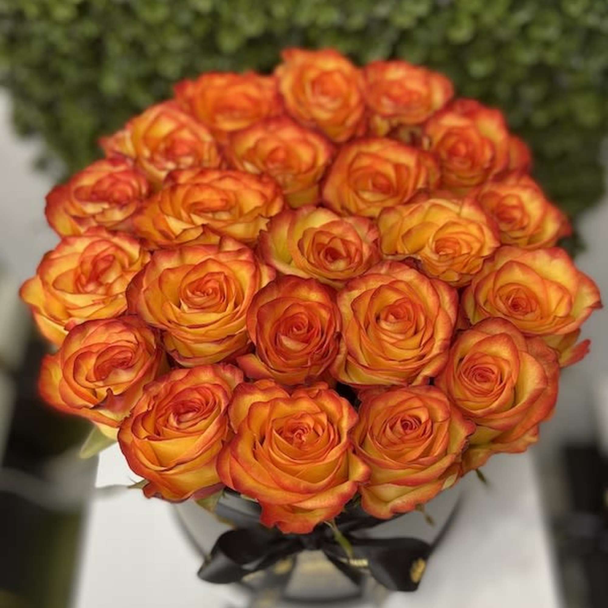 Round arrangement of orange roses in a black hatbox on a white surface