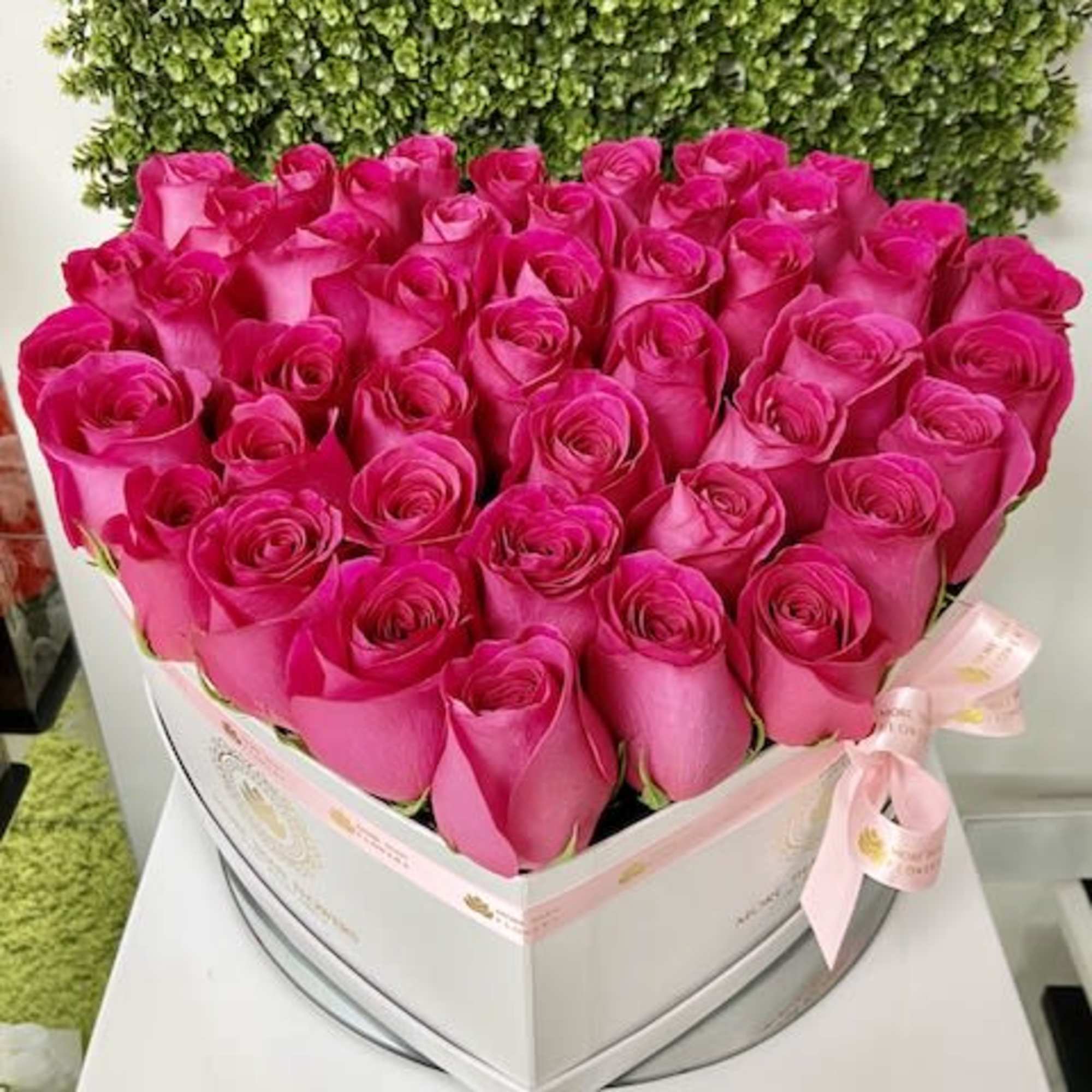 Heart-shaped white box filled with bright pink roses and tied with a pink ribbon