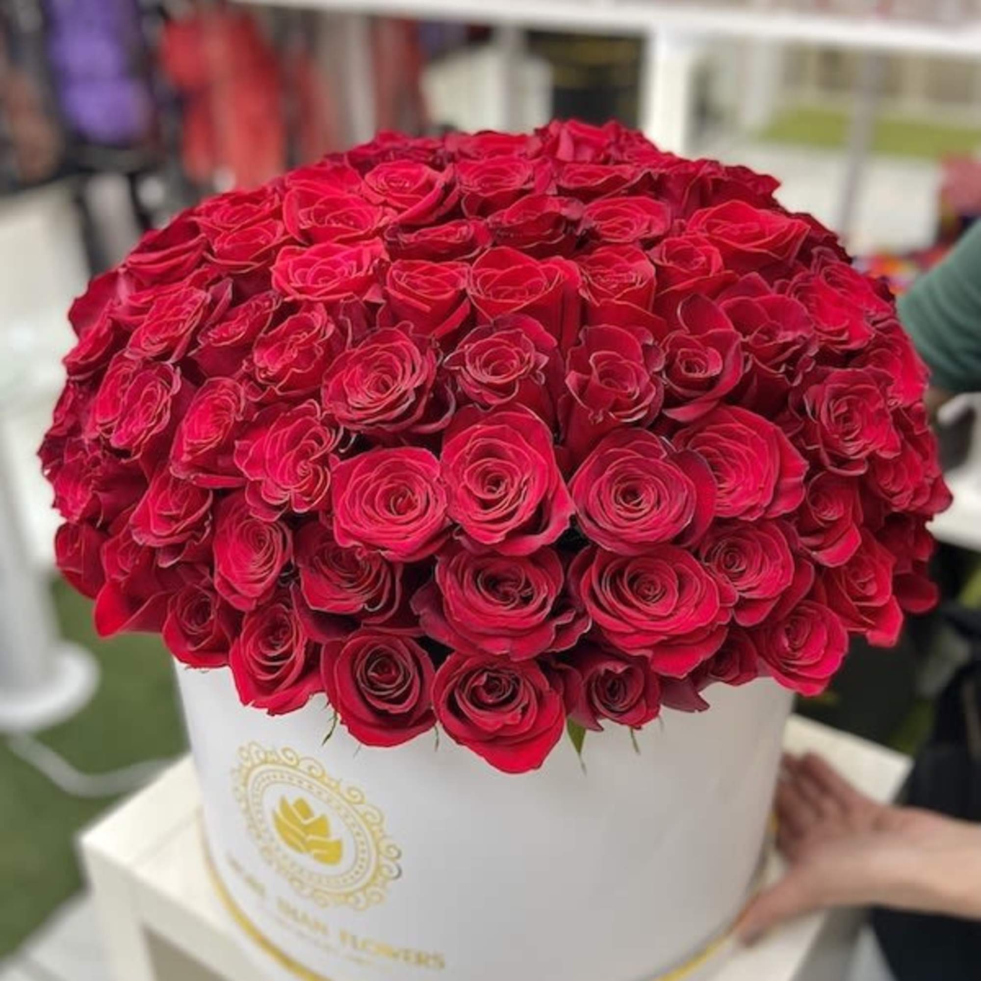 Large round box filled with tightly packed red roses on a white pedestal