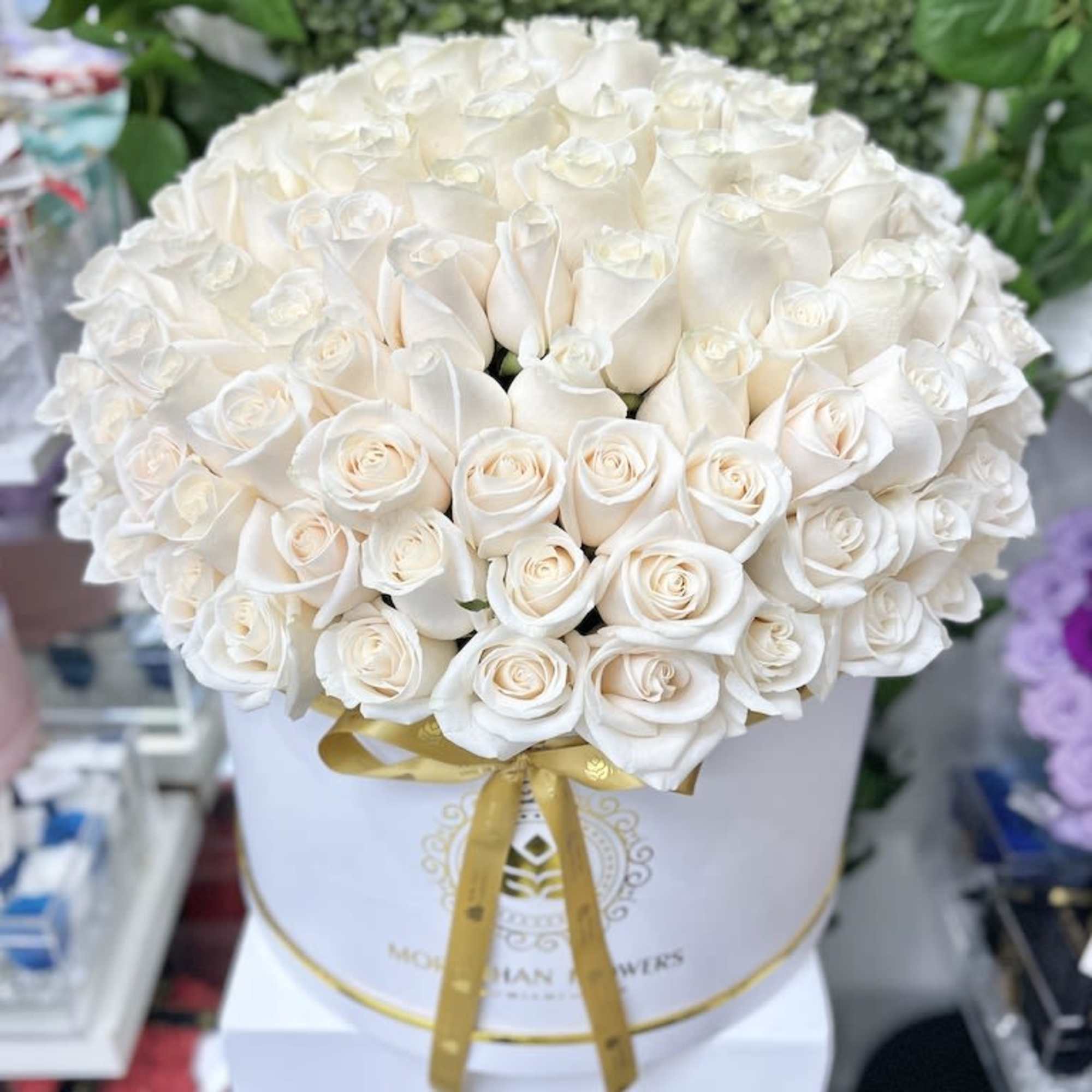 Large round box of tightly packed ivory roses with a gold ribbon on a white hatbox.