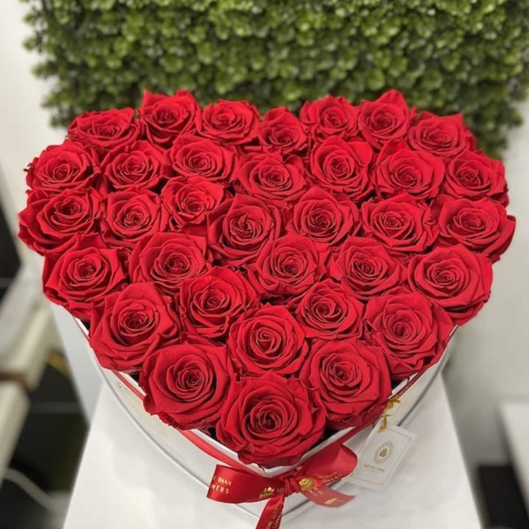 Heart-shaped box filled with red roses and tied with a red ribbon