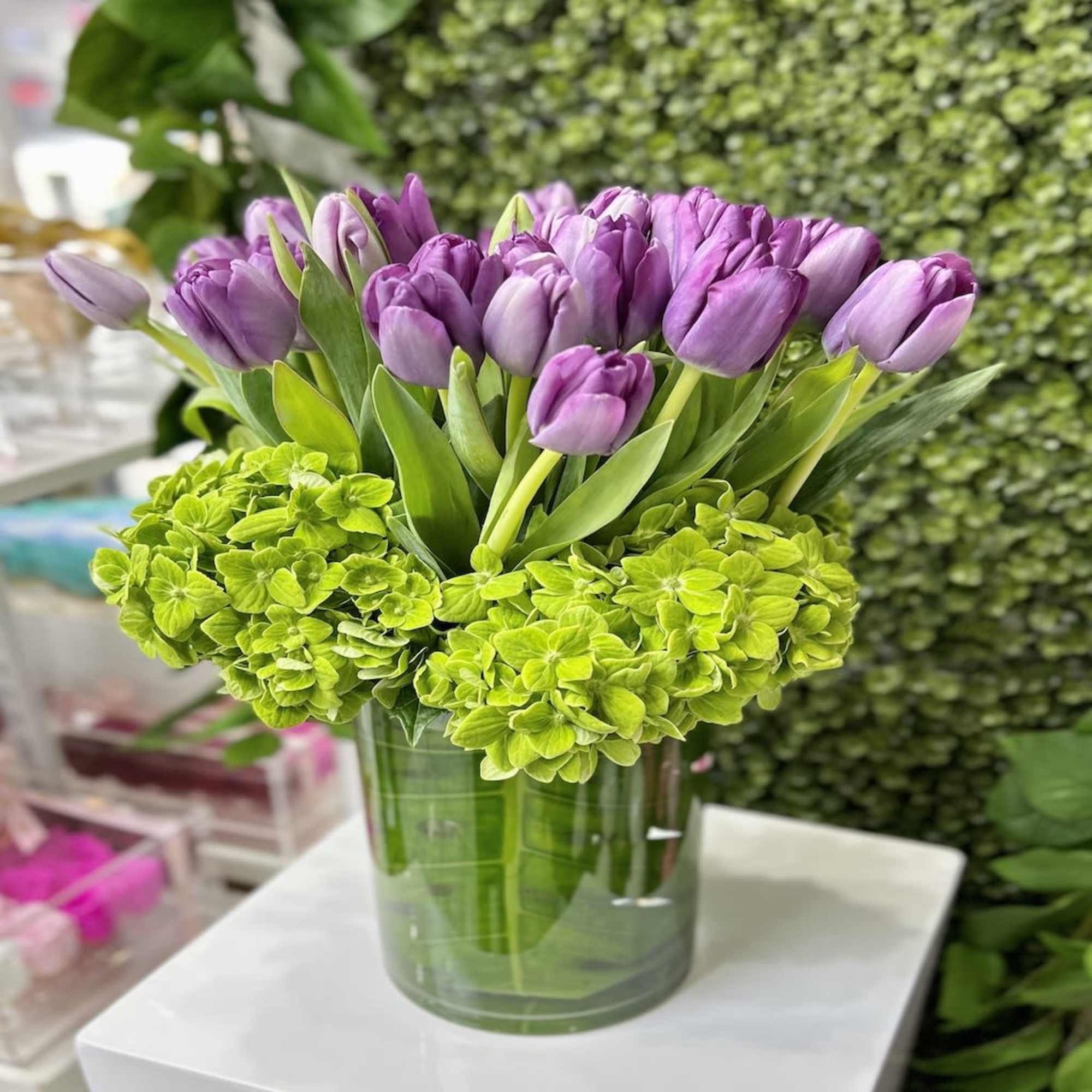 Arrangement of lavender tulips with bright green hydrangeas in a clear glass vase