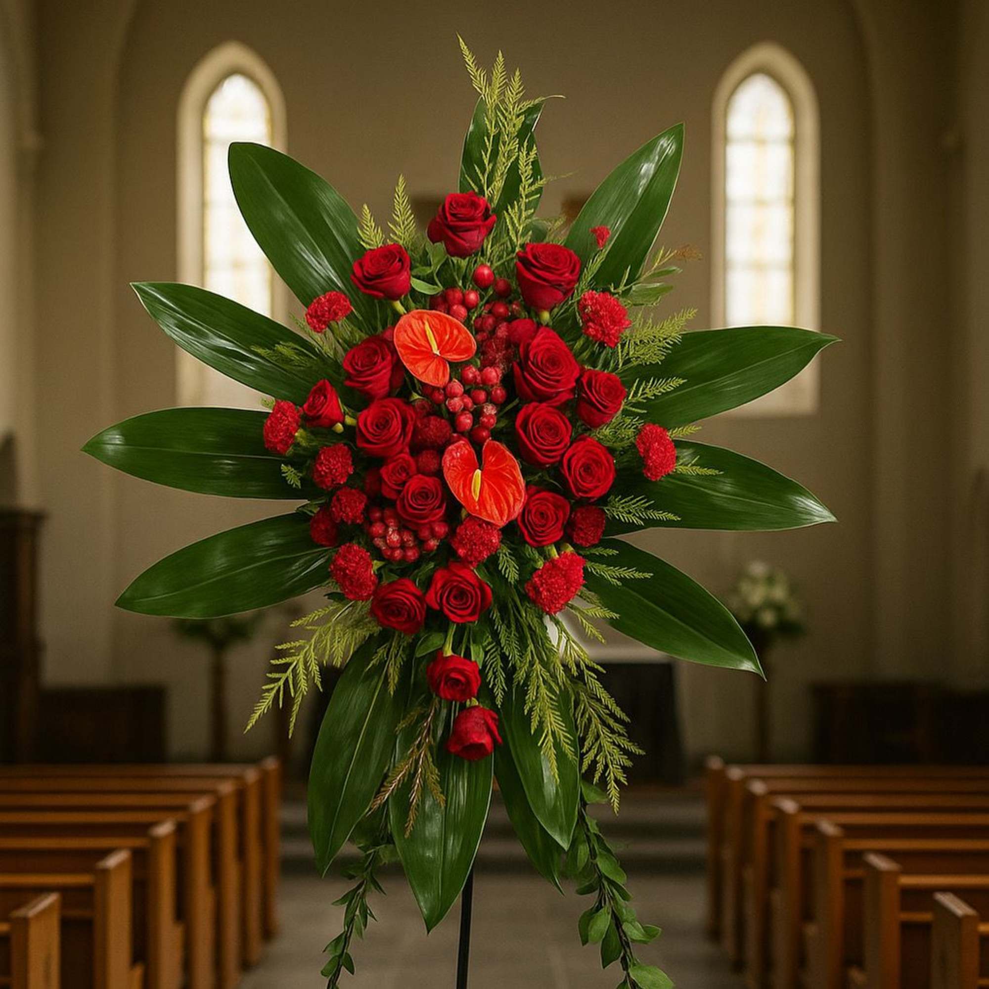 Standing red rose and carnation spray with orange tropical blooms and large green leaves on an easel