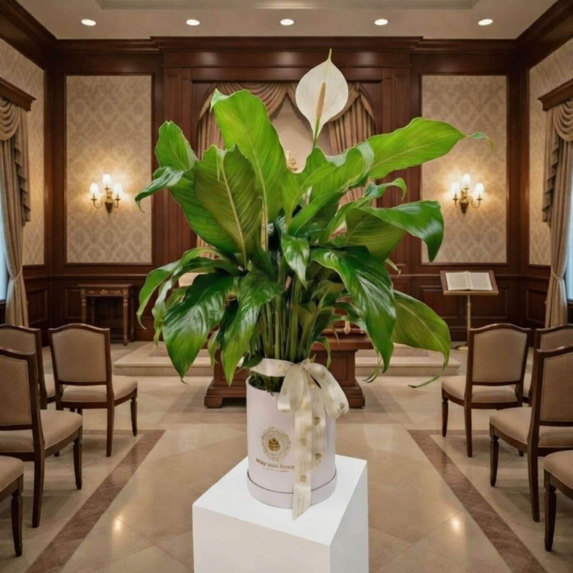 Large potted peace lily plant with one white bloom in a white hatbox container with ribbon.