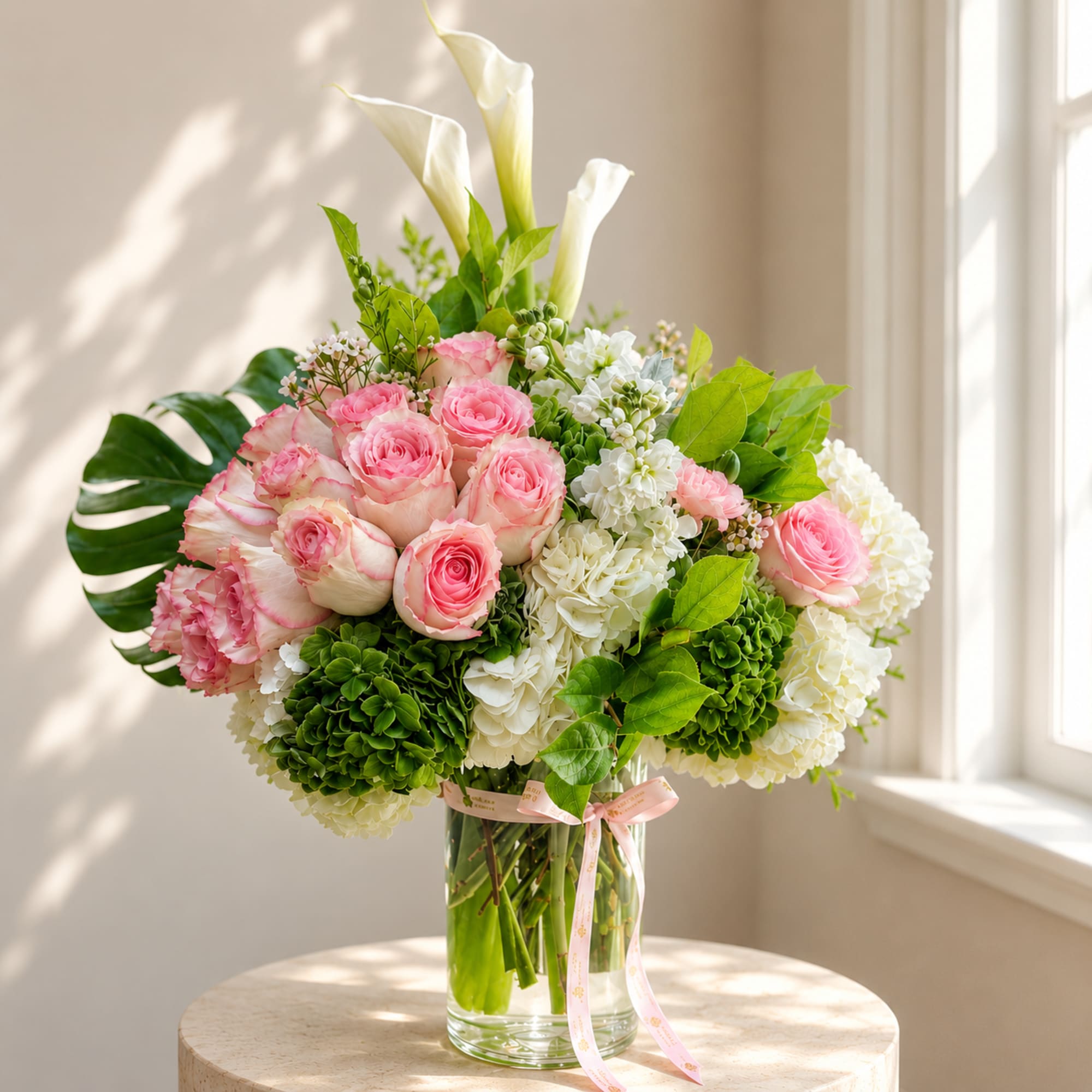 Amore Eterno Roses Bouquet: 3 doz. roses, hydrangeas, fillers, greens, and orchids
