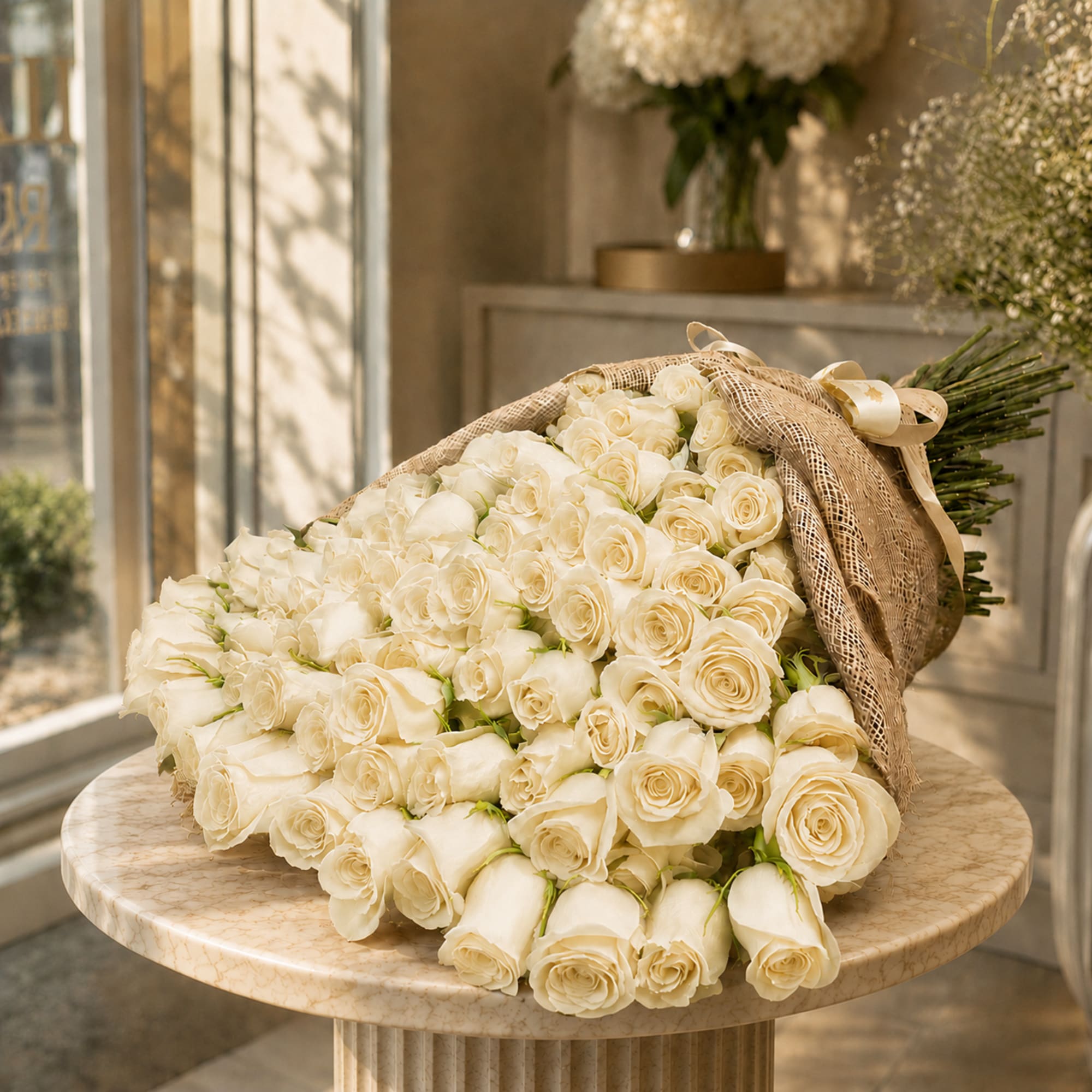 100 Roses Burlap, Handheld Bouquet